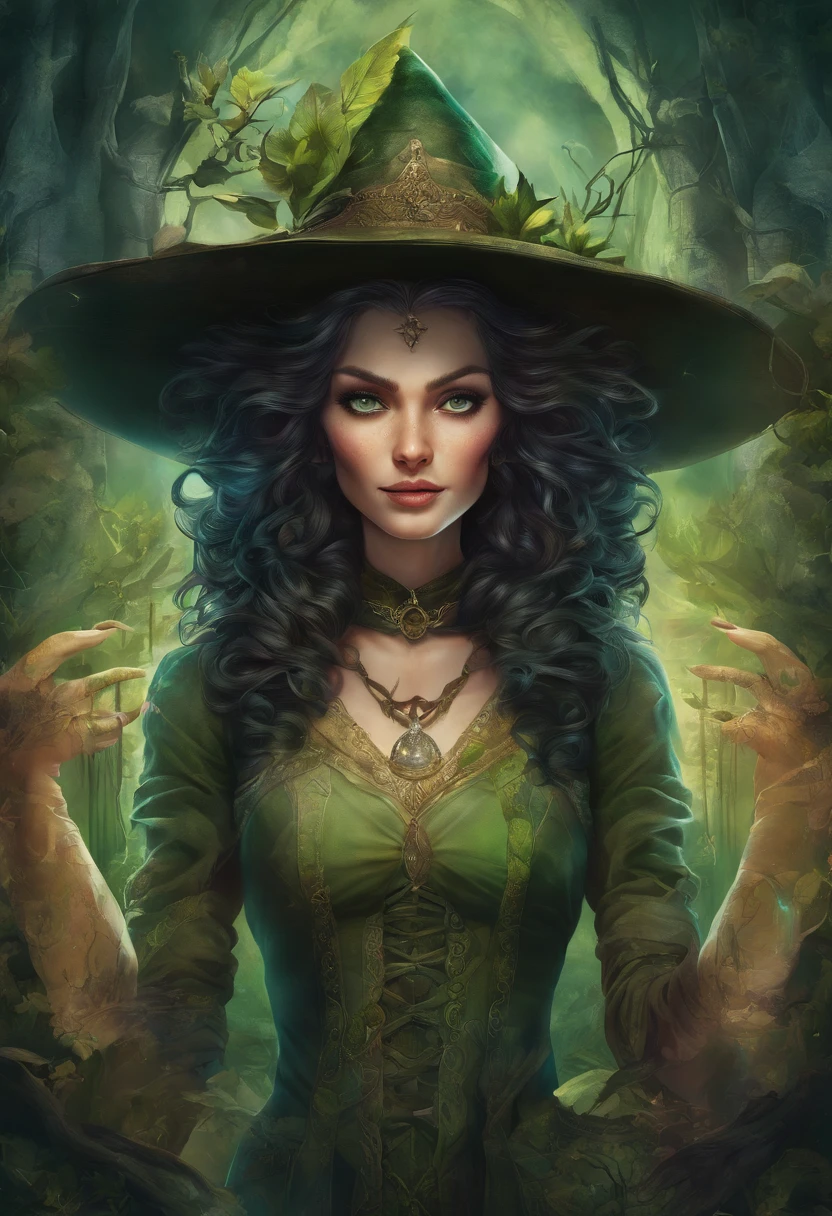 ((ultra-detalhado)), (Highly detailed CG illustration), ((An extremely delicate and beautiful witch with a hat)), Cinematic light, Create stunning fantasy art that mimics the style of the genre's currently rising masters. The artwork should contain elements of mythical fantasy with colorful details. ((Use various shades of olive green and pastel watercolor as the main color scheme.)) The witch in the work has black hair with an aura of mystery and magic, olhos hipnotizantes com cores vibrantes e sombreamento arrojado. A pele da bruxa deve ser projetada com cores claras deslumbrantes, e detalhes sutis iridescentes. Incorpore cores de sonho, dynamic lighting, and detailed background elements to create a sense of wonder and immersion. Include magical aura. Considerar, (((master part))), (((melhor qualidade)))