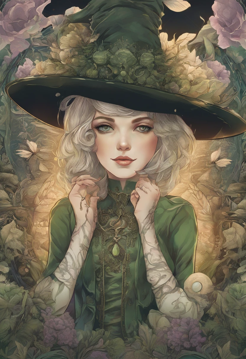 ((ultra-detalhado)), (Highly detailed CG illustration), ((An extremely delicate and beautiful witch with a hat)), Cinematic light, Create stunning fantasy art that mimics the style of the genre's currently rising masters. The artwork should contain elements of mythical fantasy with colorful details. ((Use various shades of olive green and pastel watercolor as the main color scheme.)) The witch in the work has black hair with an aura of mystery and magic, olhos hipnotizantes com cores vibrantes e sombreamento arrojado. A pele da bruxa deve ser projetada com cores claras deslumbrantes, e detalhes sutis iridescentes. Incorpore cores de sonho, dynamic lighting, and detailed background elements to create a sense of wonder and immersion. Include magical aura. Considerar, (((master part))), (((melhor qualidade)))