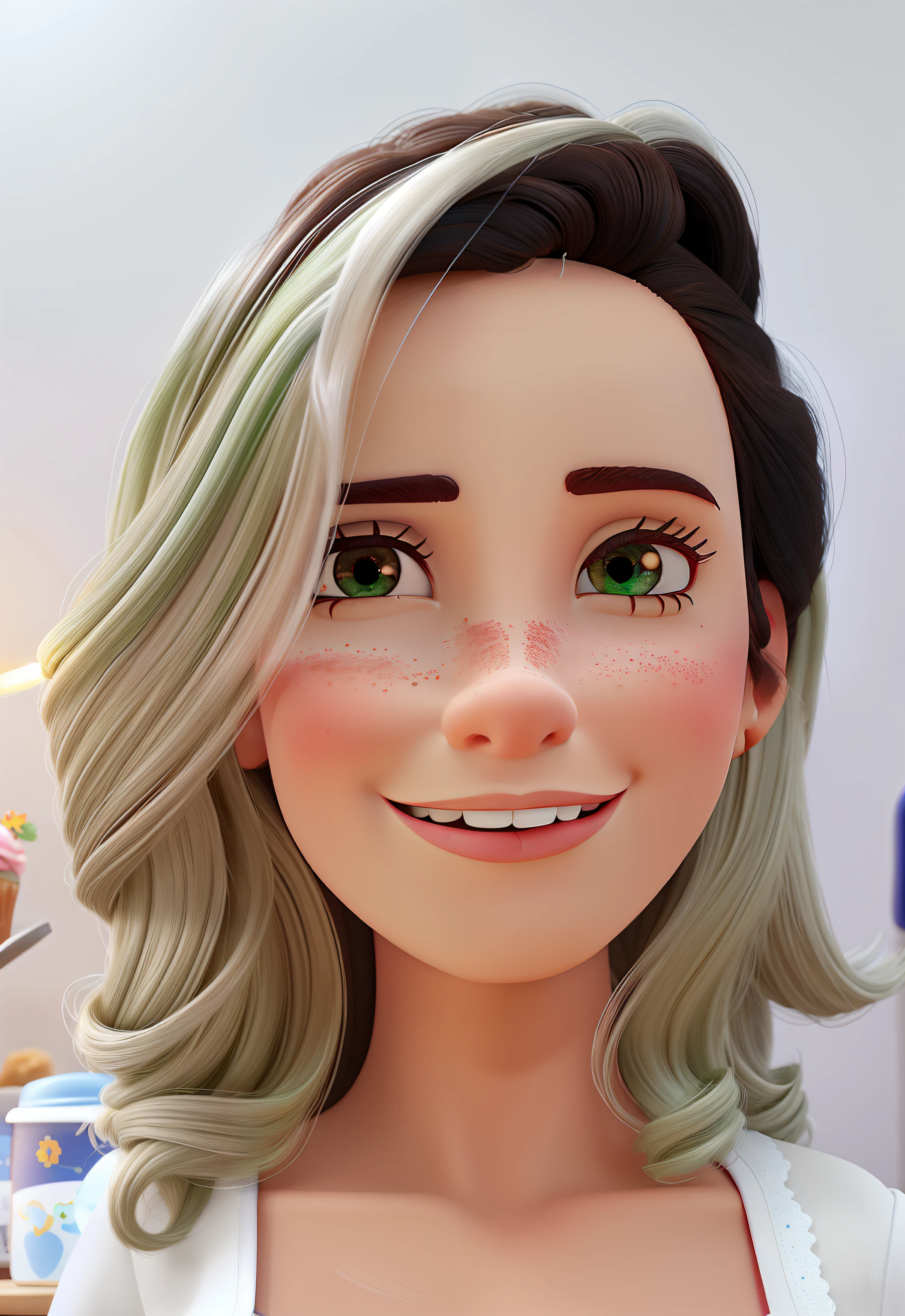 Poster 3 D inspirado na Disney Pixar, A confectioner woman illuminated by the light of a lamp, com pele clara, cabelos loiros, olhos marrom,avental verde musgo contra o pano de fundo de uma confeitaria, Woman is making a cake in cream, na mesa tem batedeira, Cupcakes, Brownies e Morango