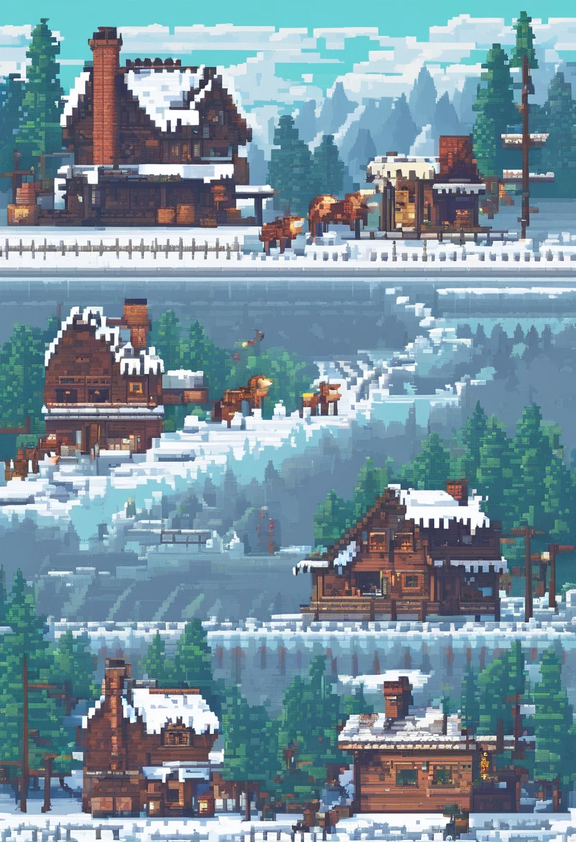 apocaliptic village, winter, forest in the background, hut, cottage, horse pen