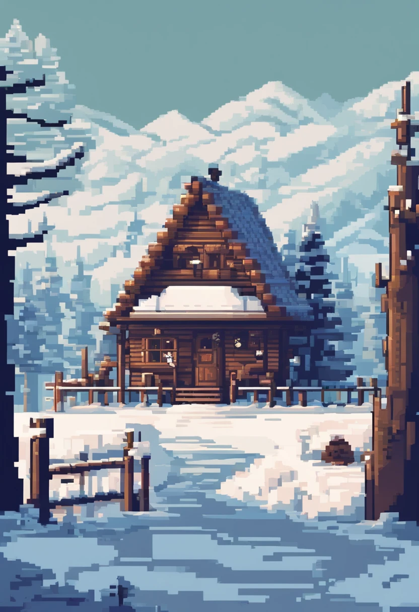 apocaliptic village, winter, forest in the background, hut, cottage, horse pen