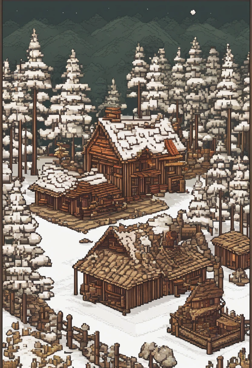 apocaliptic village, winter, forest in the background, hut, cottage, horse pen