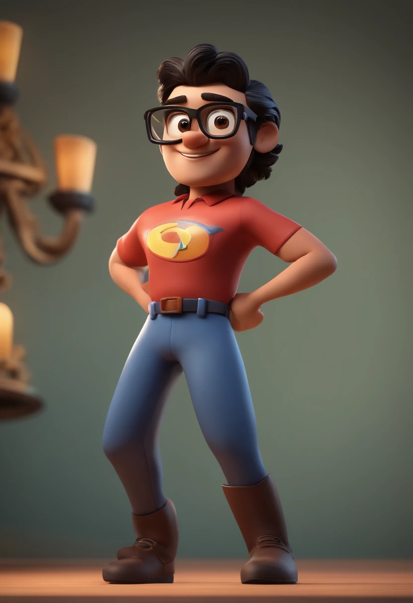 Cartoon character of a man with black glasses and a blue shirt, animation character, Caractere estilizado, animation style rendering, 3D estilizado, Arnold Maya render, 3 d render stylized, toon render keyshot, Personagem 3D, Personagem 3D, 3d rendering stylized, 3 d character render, personagem de desenho animado, Personagem de close up, Pose de personagem, (Estilo Pixar) (master part:1.2) (Bokeh) (best quality) (pele detalhada) (textura detalhada) (8k) (argila) (Cinematic lighting) (foco nítido) cabelo curto moreno