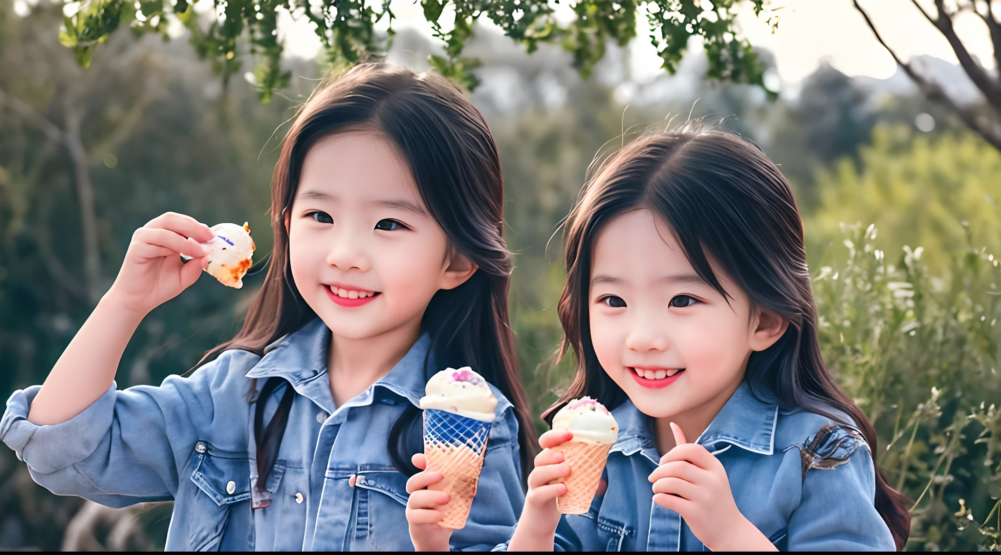 Twins of a boy and a girl，Life photos,Canon R5 photography, Taiwanese,Amusement park，Depth-of-field processing，eating ice cream，Lovely，A big smile，Real photos，Five years old，The face is detailed，The clothes are delicate，