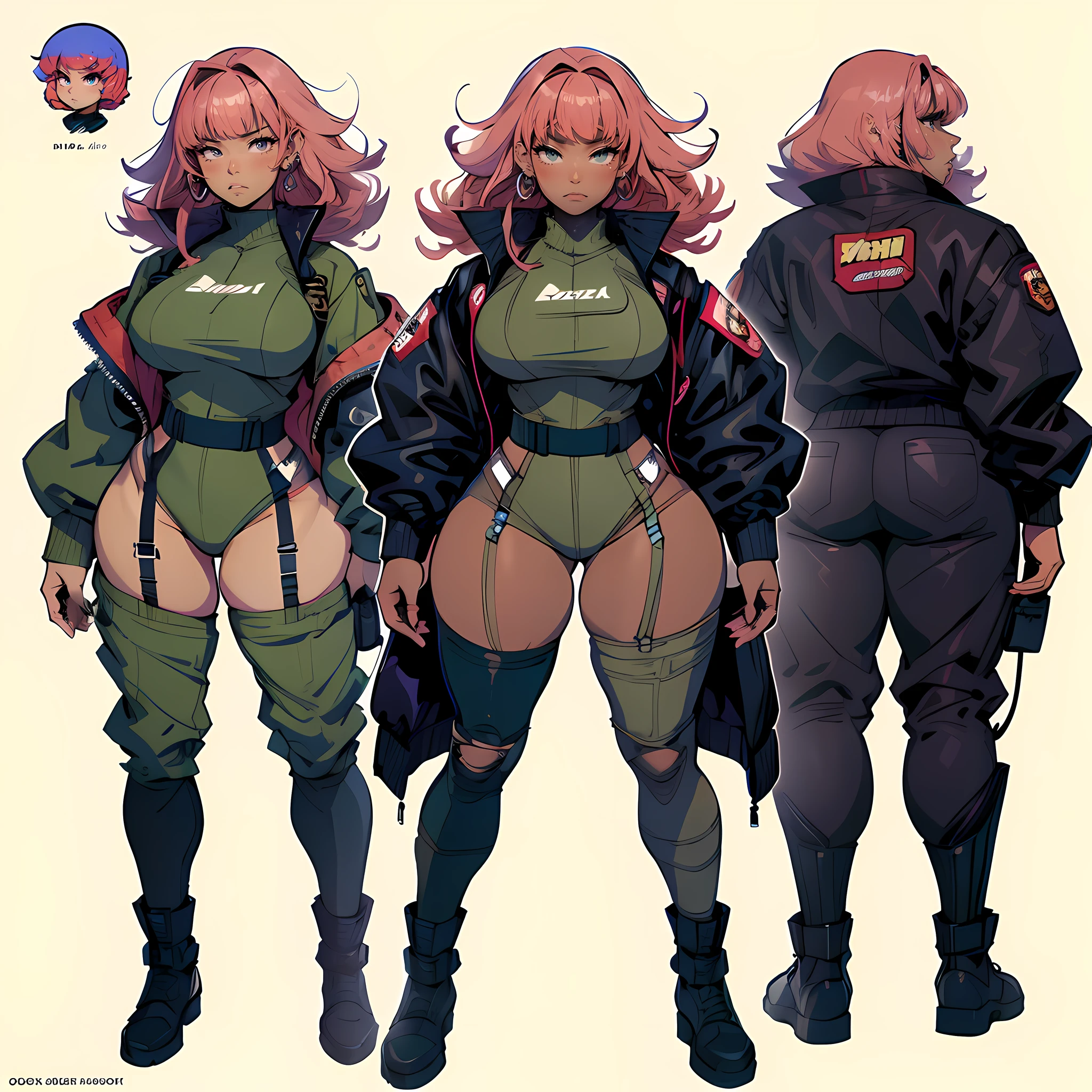 ((character concept art)), ((character design sheet, same character, front, side, back))

Close-up of a woman in a gun costume, dark brown skin, (thick thighs), wide body, (chubby), earrings, Detailed Burnt Pink Hair with bangs, long curly hair, video game character design, video game character design, short bomber jacket, baggy joggers, boots

Expert high detail concept art, comic book style, intricate comic book outline line work, flat colors, concept art, solid background