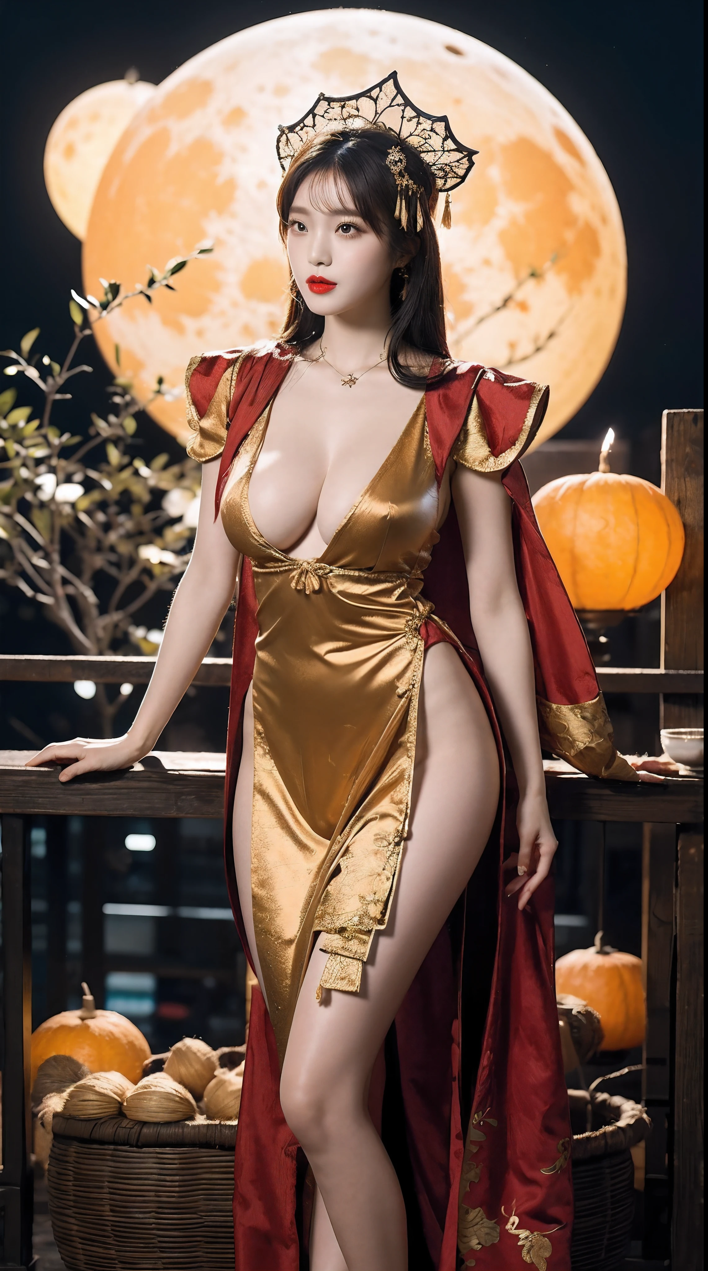 Beautiful Girl, Korean makeup, Red lips, Platinum hair, medium body, big breasts, thigh, Chinese fairy costume, Antique, sexy outfits, Mid-Autumn Festival decoration, moon background mode.