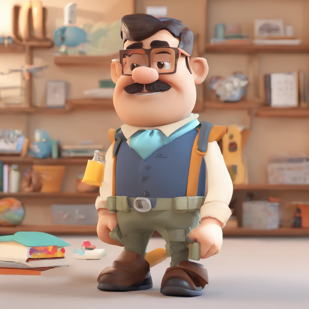 Criar um personagem no estilo Pixar. Trata-se de um homem de 30 anos, com barba, Branco, com cabelos castanhos curtos e um quiff, e olhos castanhos. Ele deve estar na frente de um computador, Trabalhar como designer