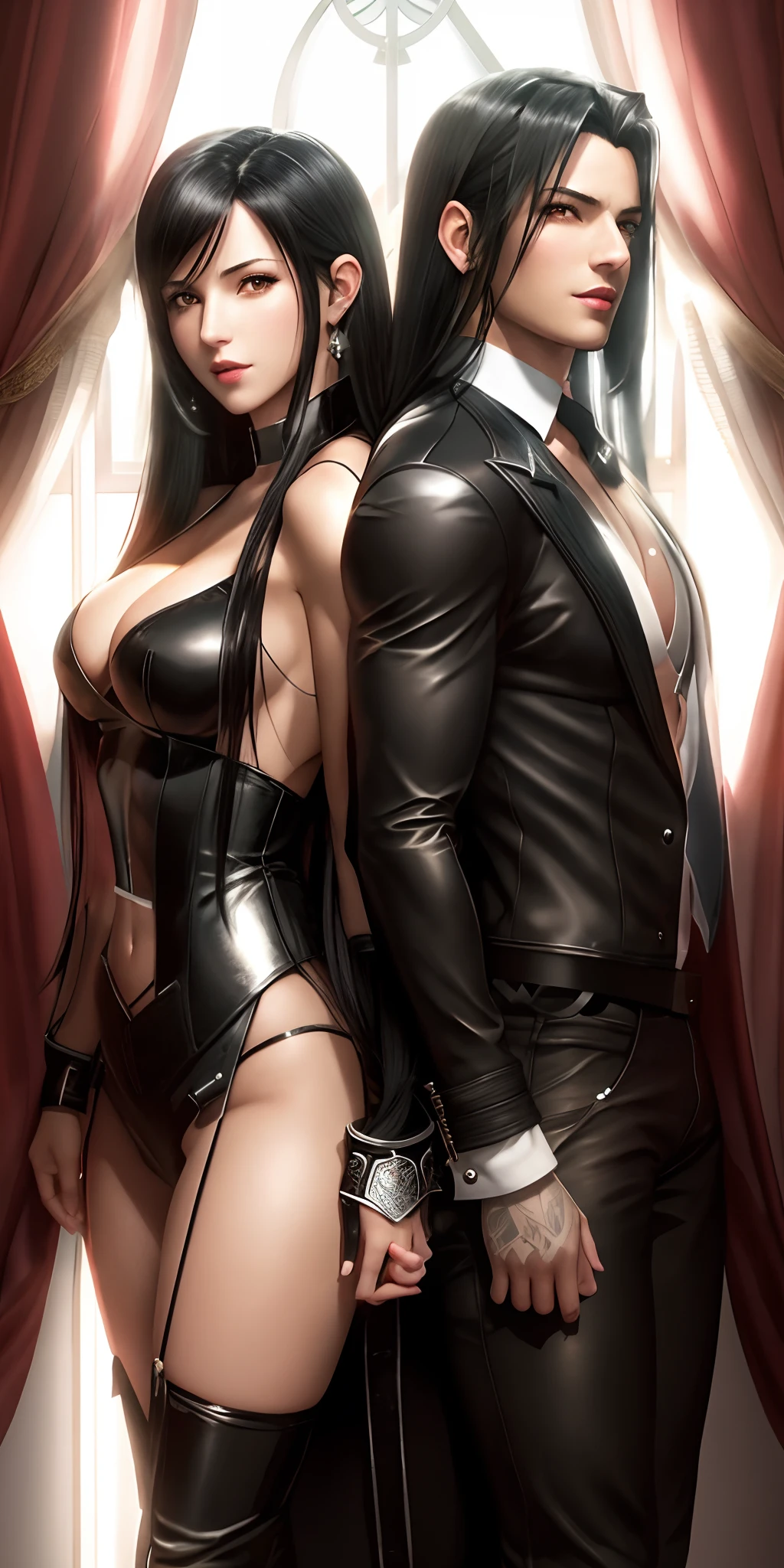 arafed image of a sexy couple posing together in a window, black hairs,seductive tifa lockhart portrait, tifa, tifa lockhart, tifa lockheart, tifa lockhart portrait, glamorous tifa lockheart, portrait of tifa lockhart, tifa lockhart with white hair, range murata and artgerm, 8k high quality detailed art