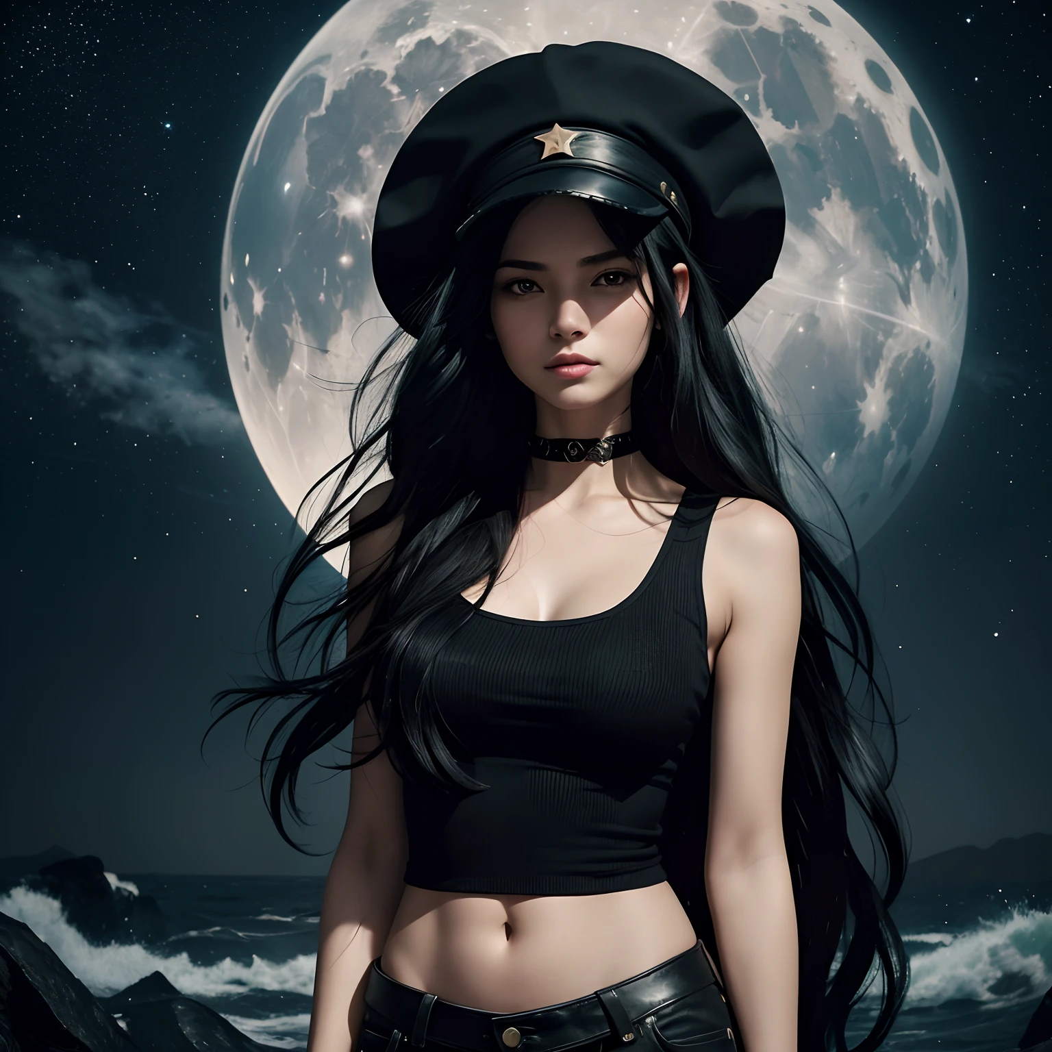 ((Best Quality, 8k, Masterpiece: 1.3)), Sharp Focus: 1.2, Portrait, A black-haired woman stands before us, her black cap adding a touch of mystery to her appearance. His torn tank top, adorned with red and green stripes, gives off a punk rock air: 1.4, Slim abdomen: 1.2, very long black hair flying around the image ((Layered haircut, very long hair that waves)) , ((dark scene)), ((dim light)) celestial landscape, Stars and nebulae, Bright moonlight, Exploring the Cosmos