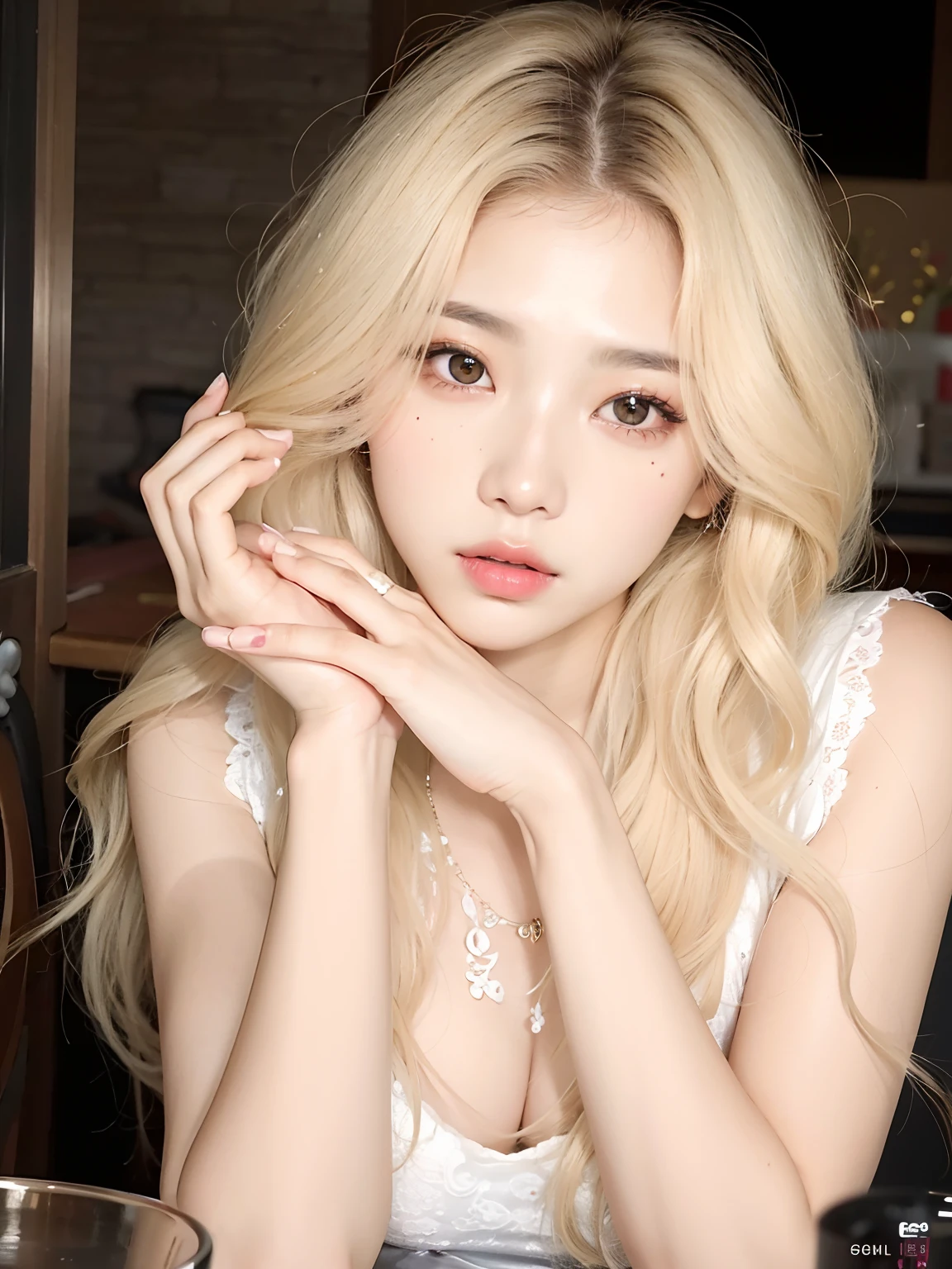 um close up de uma mulher com longos cabelos loiros e um estrangulamento, Ulzzang, cruel korean goth girl, Ela tem cabelo preto com franja, coreana, Mulher sul-coreana bonita, wan adorable korean face, young adorable korean face, korean face features, linda mulher coreana jovem, Jisoo do Blackpink, mulher coreana jovem bonita, preto hime corte cabelo, Jinyoung Canela