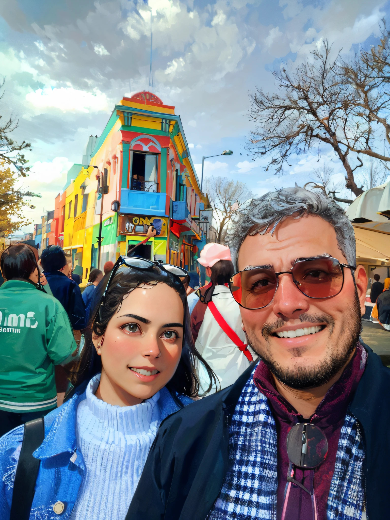 they are posing for a picture in front of a carnival, imagem de qualidade muito baixa, Casal feliz, Celebrando o Dia dos Mortos, imagem de perfil, Parque em segundo plano, Directed by: Ramon Silva, divertindo-se, foto modo retrato, com um parque ao fundo, foto de baixa qualidade, they are in love, Directed by: Luis Miranda, Directed by: Nandor Soldier