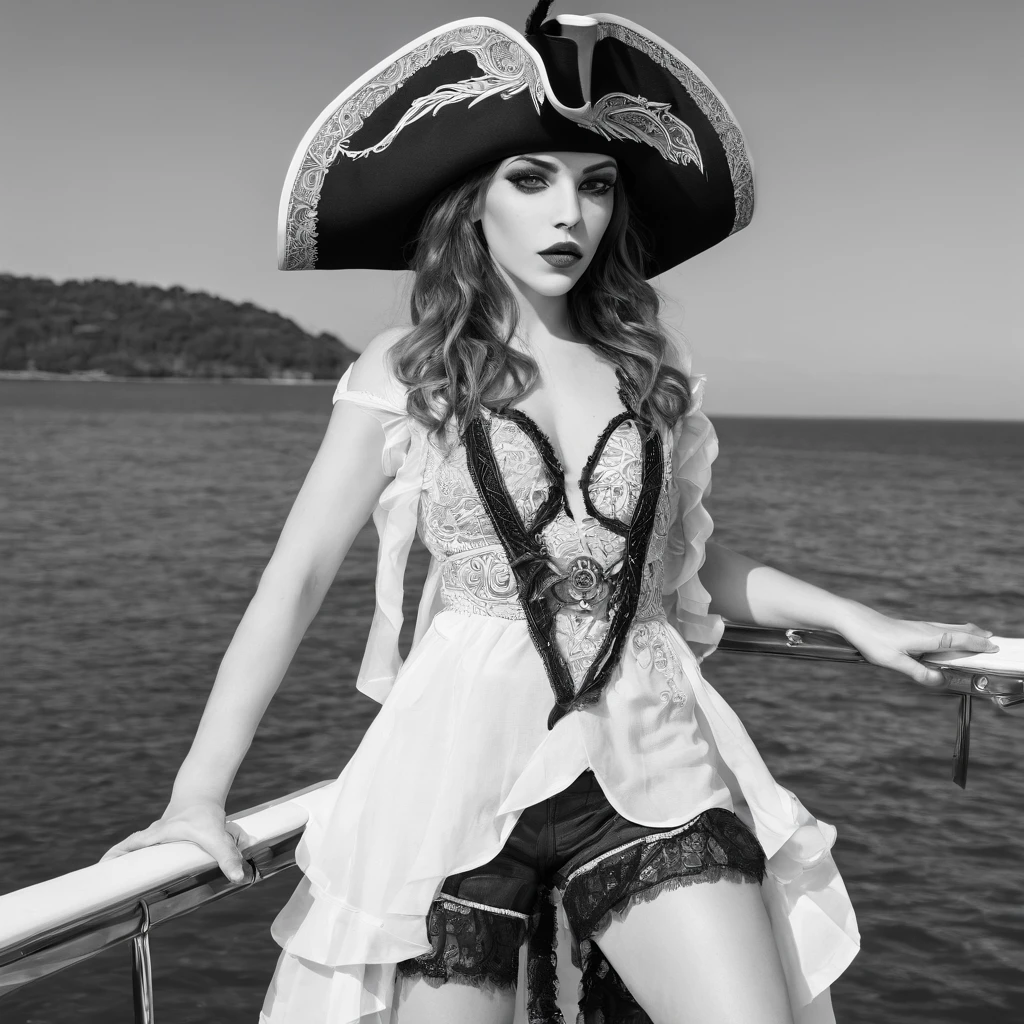 pirata em um navio pirata, 。.com ( Black and White Coloring Page) white background, lineart, fine lineart, symmetrical, for adults, dark lines