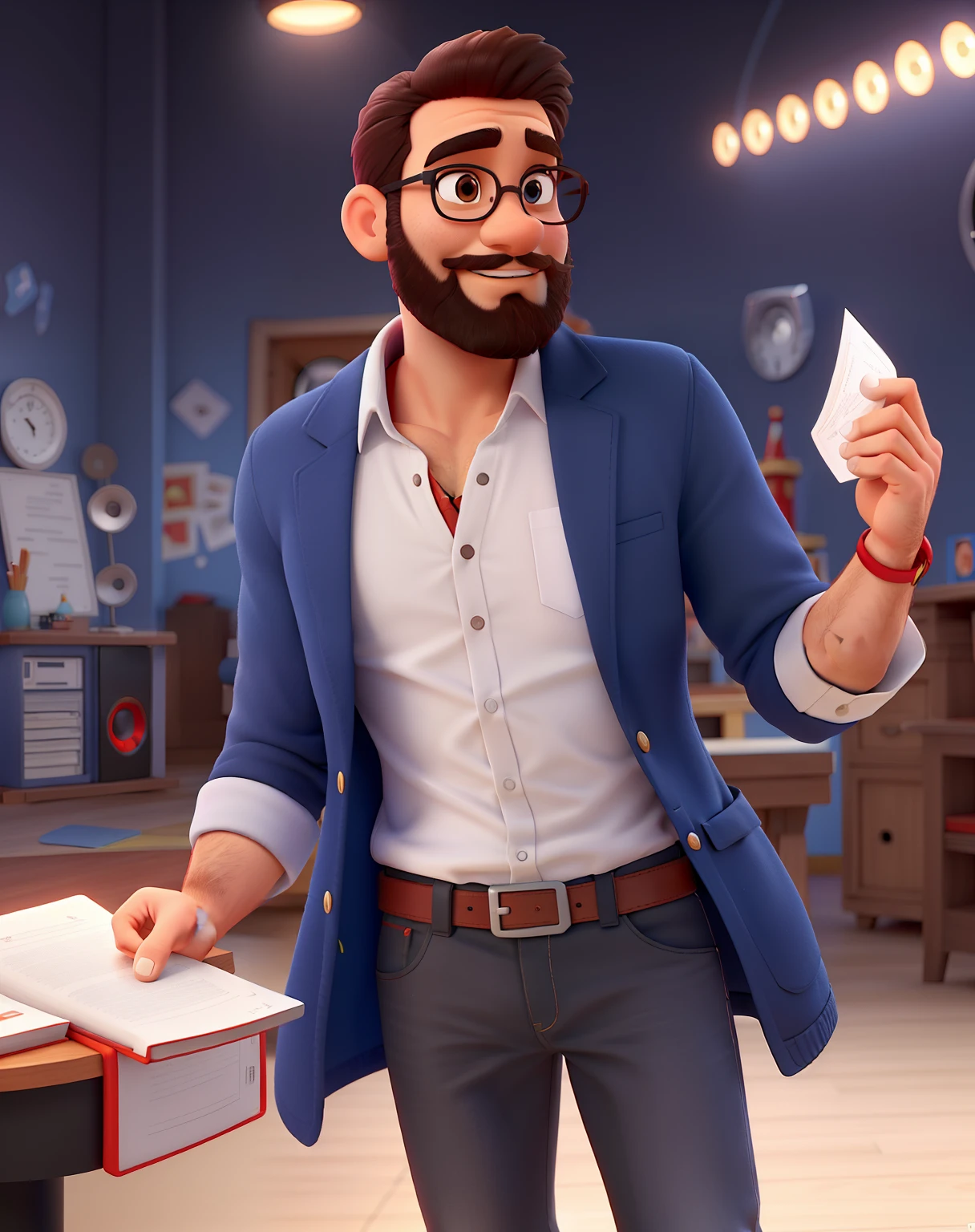 Pode melhorar barba mais rala com uns fios brancos, Make the full body appearing white red shoes. Man stands on black background on a speaker-like stage with microphone in one hand and book in the other in Disney pixar style best quality, maior qualidade.