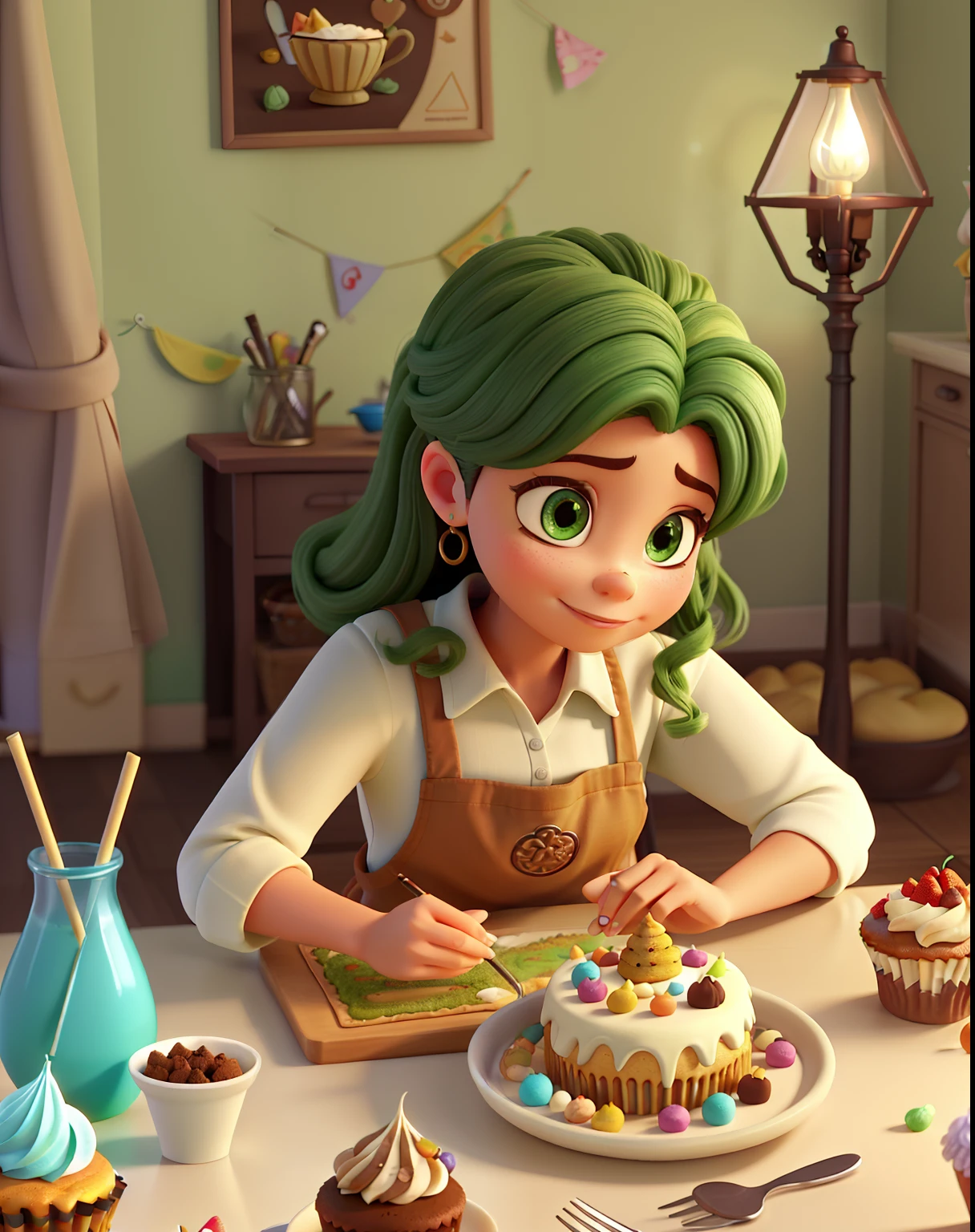Poster 3 D inspirado na Disney Pixar, A confectioner woman illuminated by the light of a lamp, com pele clara,cabelos marrom, olhos marrom,avental verde musgo contra o pano de fundo de uma confeitaria, Woman is making a cake in cream, na mesa tem batedeira, Cupcakes, Brownies e Morango