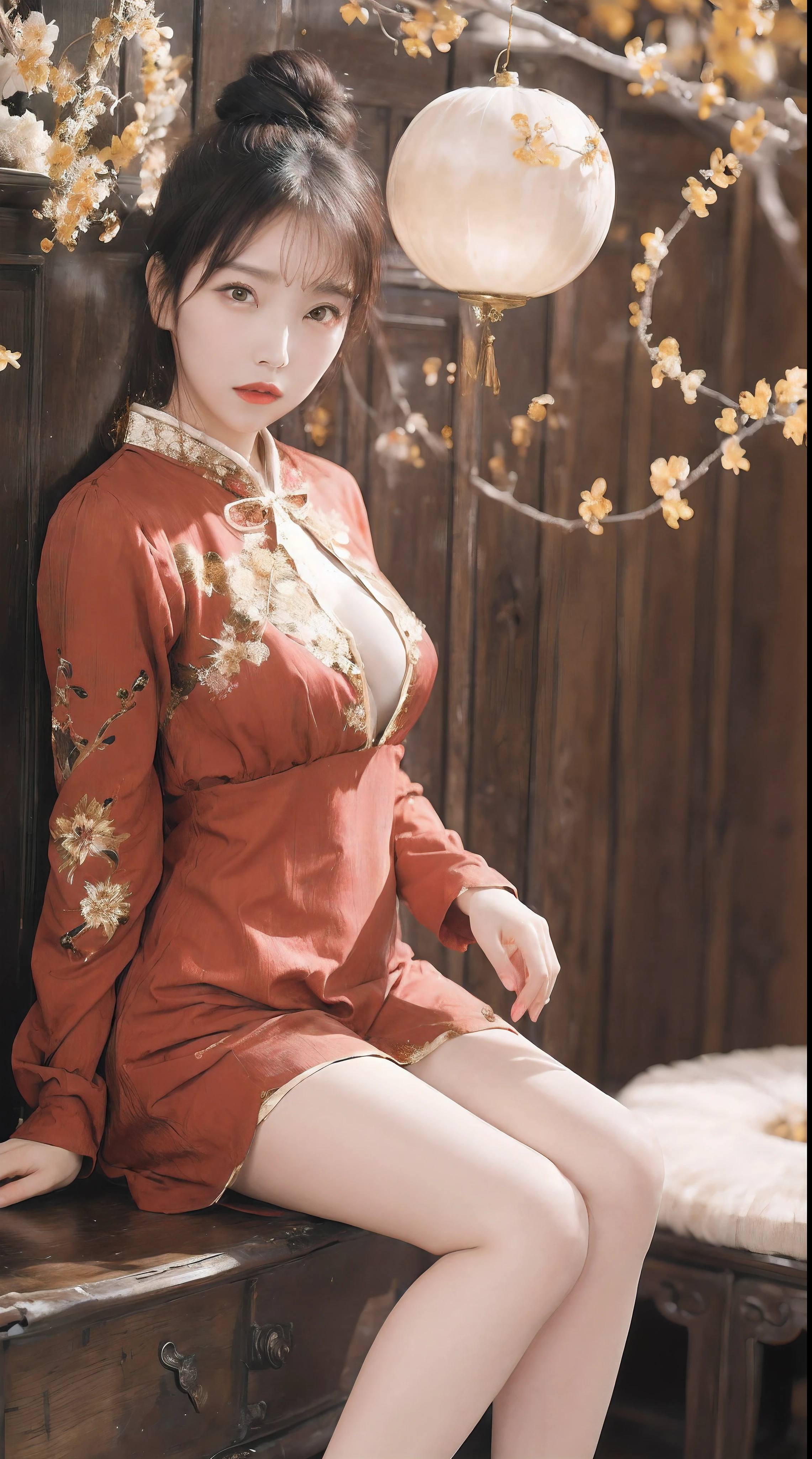 Beautiful Girl, Korean makeup, Red lips, Platinum hair, medium body, big breasts, thigh, Chinese fairy costume, Antique, sexy outfits, Mid-Autumn Festival decoration, moon background mode.