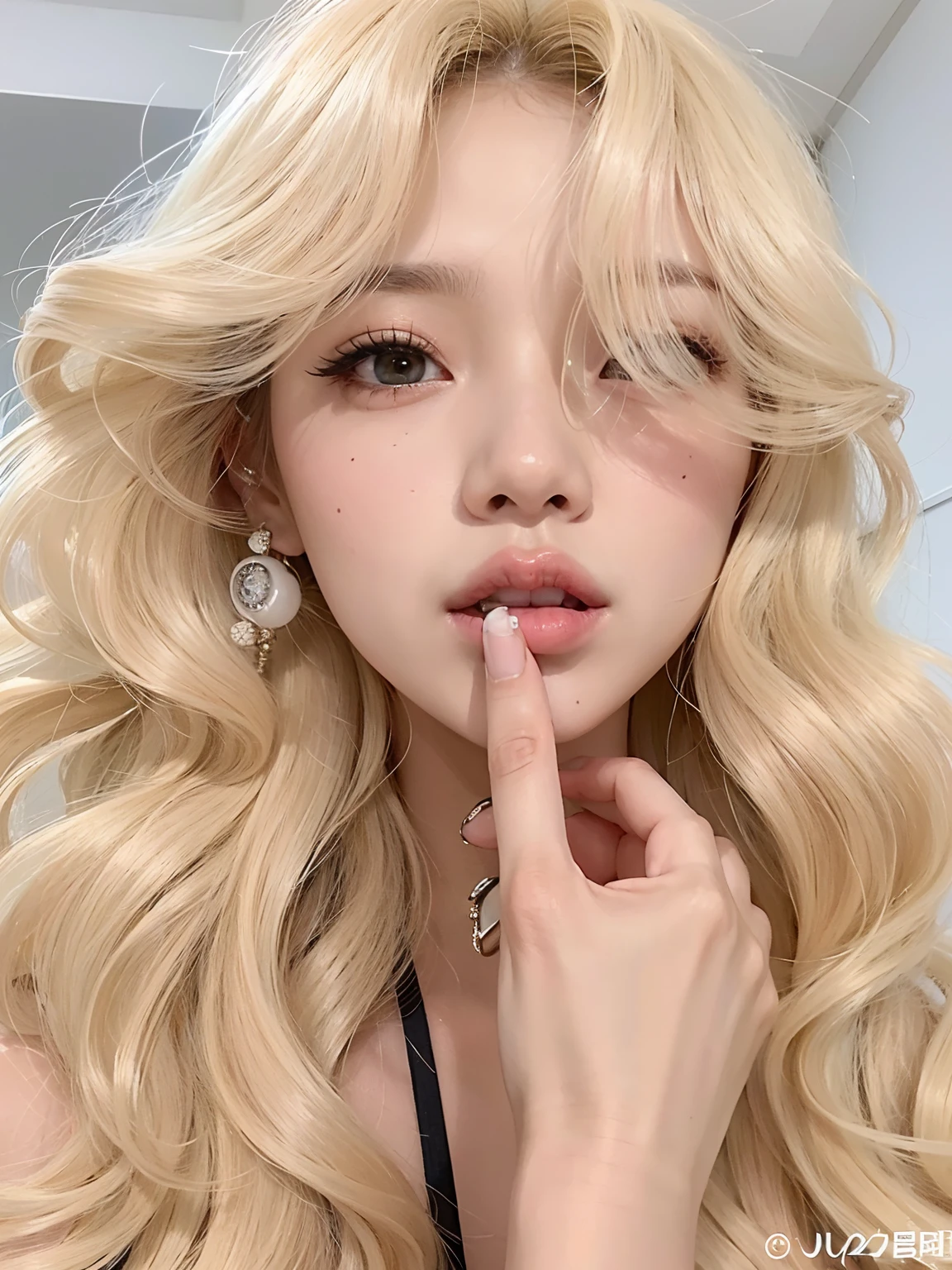 um close up de uma mulher com longos cabelos loiros e um estrangulamento, Ulzzang, cruel korean goth girl, Ela tem cabelo preto com franja, menina coreana, Mulher sul-coreana bonita, wan adorable korean face, young adorable korean face, korean face features, linda mulher coreana jovem, Jisoo do Blackpink, mulher coreana jovem bonita, preto hime corte cabelo, Jinyoung Canela