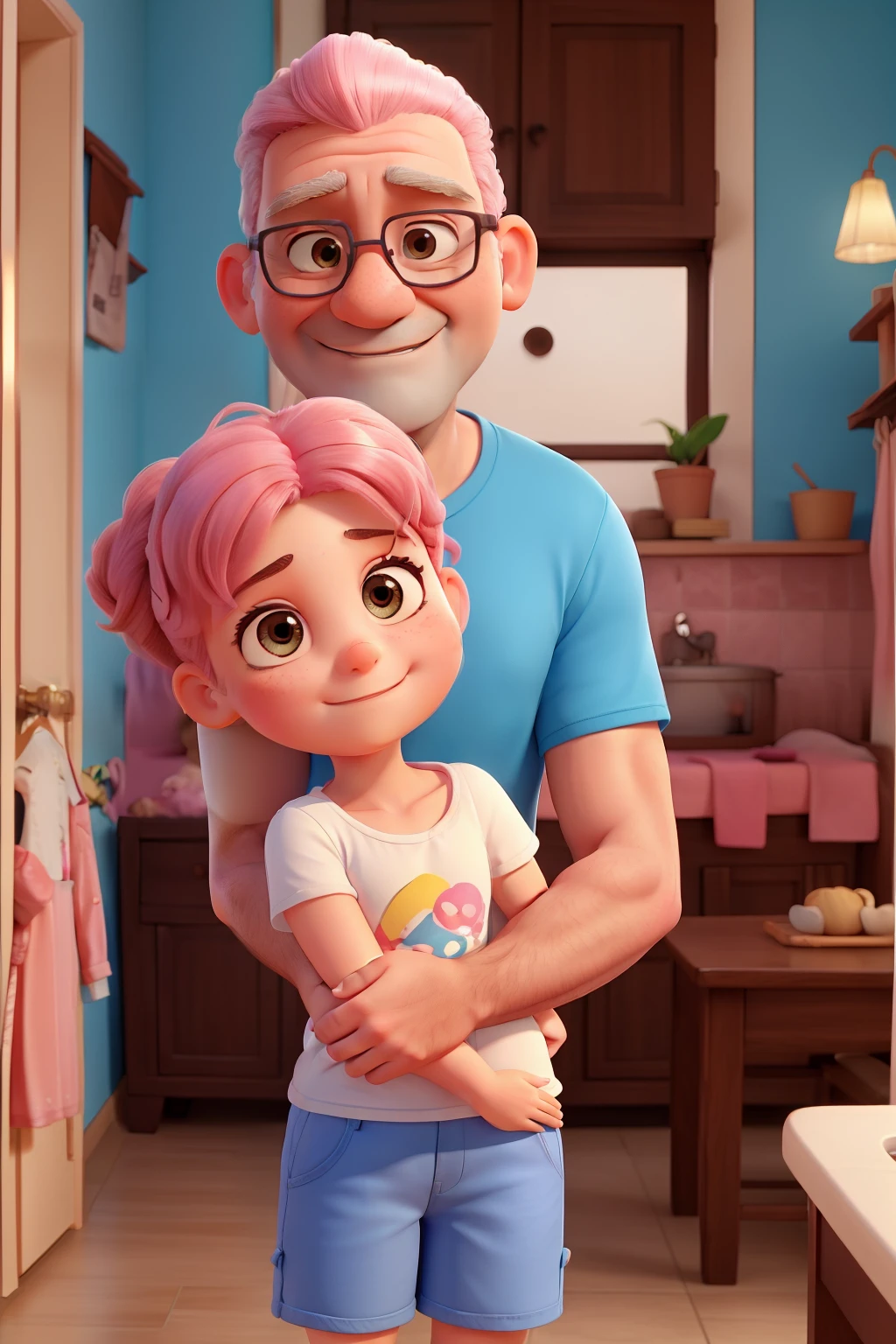 Marina is a 3-year-old girl with pink hair and brown eyes. She's wearing a blue T-shirt and white shorts...... She's hugging her father, um homem alto, nem magro nem gordo, with a shaved head, wearing prescription glasses and a very large beard. Marina's father is a very kind and loving man. He's always there for her, No matter what happens. Marina loves her father very much and is always happy when she is with him. Marina hugs her father tightly and says she loves him. Her father hugs her back and says he loves her very much too.. They hug for a while, apenas curtindo a companhia um do outro. Marina feels safe and loved when she is with her father. Ela sabe que sempre pode contar com ele para tudo. She is so grateful to have such a wonderful father.