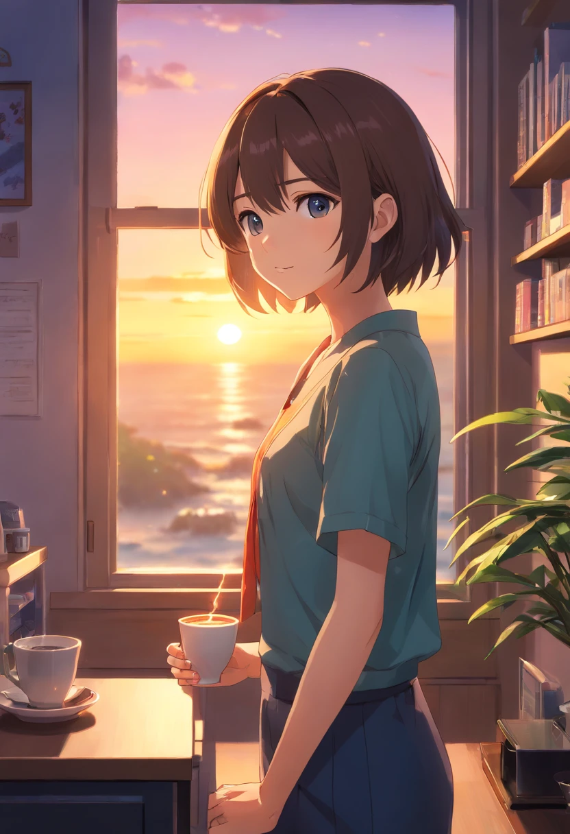 (best quality,4k,8k,highres,masterpiece:1.2),ultra-detailed,(realistic,photorealistic,photo-realistic:1.37),sunset window scene,gently swaying curtains,soft breeze,freshly brewed coffee,palm-sized,soft-colored budgerigar,interior bathed in the hues of sunset