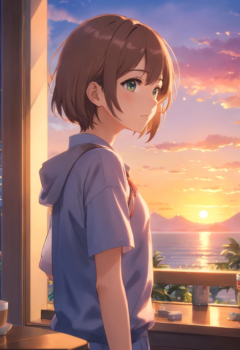 (best quality,4k,8k,highres,masterpiece:1.2),ultra-detailed,(realistic,photorealistic,photo-realistic:1.37),sunset window scene,gently swaying curtains,soft breeze,freshly brewed coffee,palm-sized,soft-colored budgerigar,interior bathed in the hues of sunset