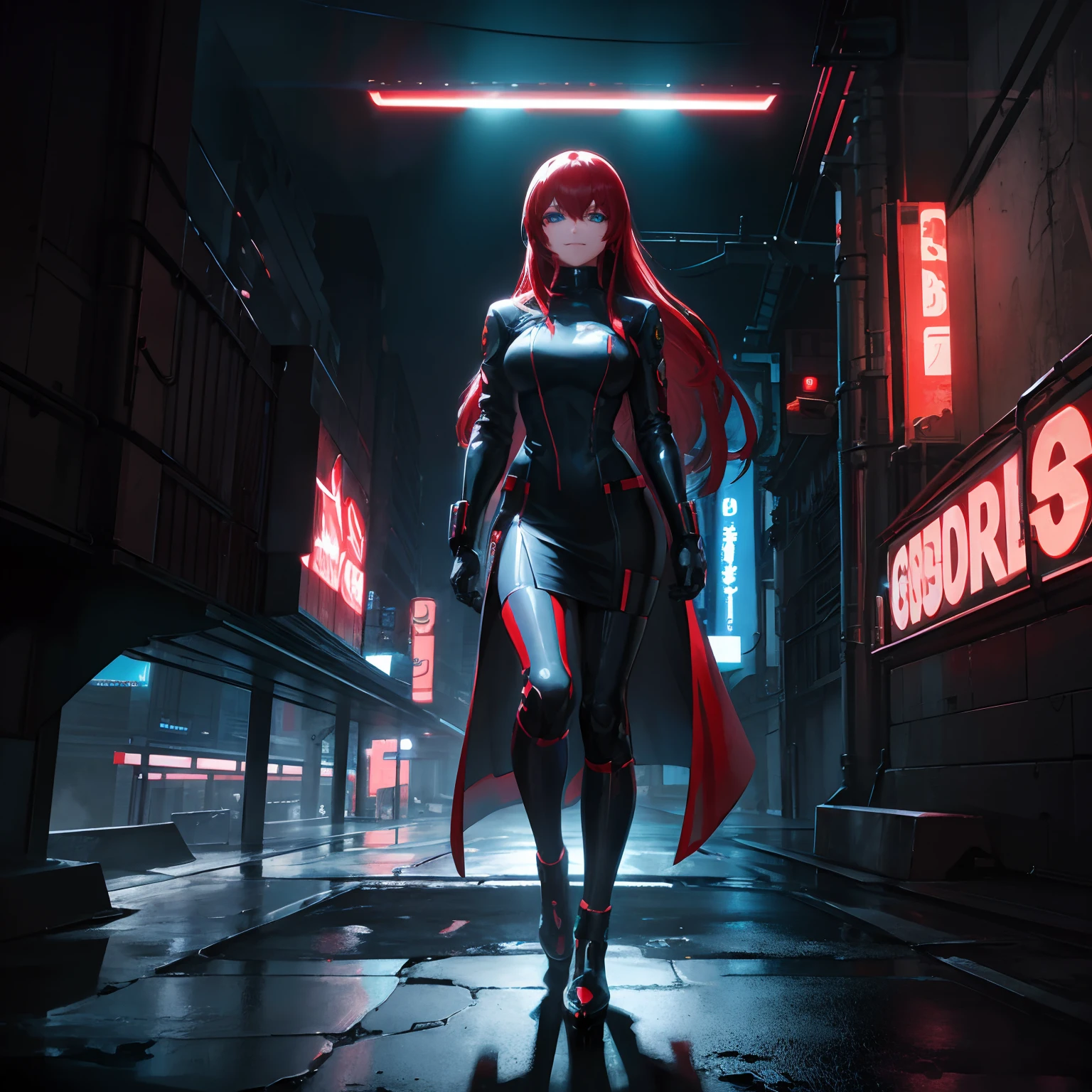 Full-body portrait photography, Bright red hair, Mesmerizing blue eyes, Enigmatic smile, Futuristic neon cyberpunk backdrop, Vibrant colors, Futuristic atmosphere, High-resolution image, Detailed hair texture, Intriguing expression, Futuristic lighting, Mysterious, Striking contrast, Vibrant cyberpunk hues, Graceful pose, Modern aesthetics.