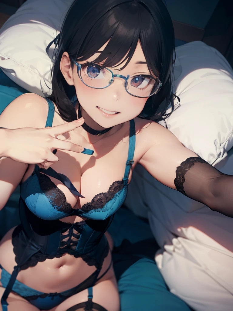 ultra-quality, ultla highres, Hyper Detailed, High contrast, Ultrafine Strike, creative refinement,A dark-haired,Blue lingerie,ssmile,blue corset,Blue garter belt,Show Pub,5 fingers on hand,stylish glasses