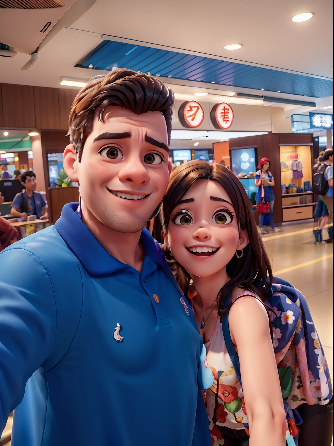 Casal sorridente tirando selfie em shopping com lanternas chinesas, Fotografia selfie 8k, In Sao Paulo, Tiro na Nikon Z9, Tomado com Sony Alpha 9, aparecer em um shopping center, Directed by: Daniel Martins e Vanessa Schorchit, inspirado em Daniel Martins e Vanessa Schorchit