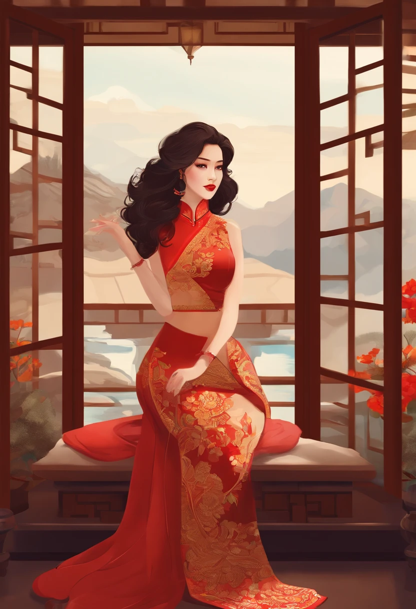 Illustration design, Personajes delicados, Windows, Mesas, brown hair, ojos grandes, Cheongsam largo