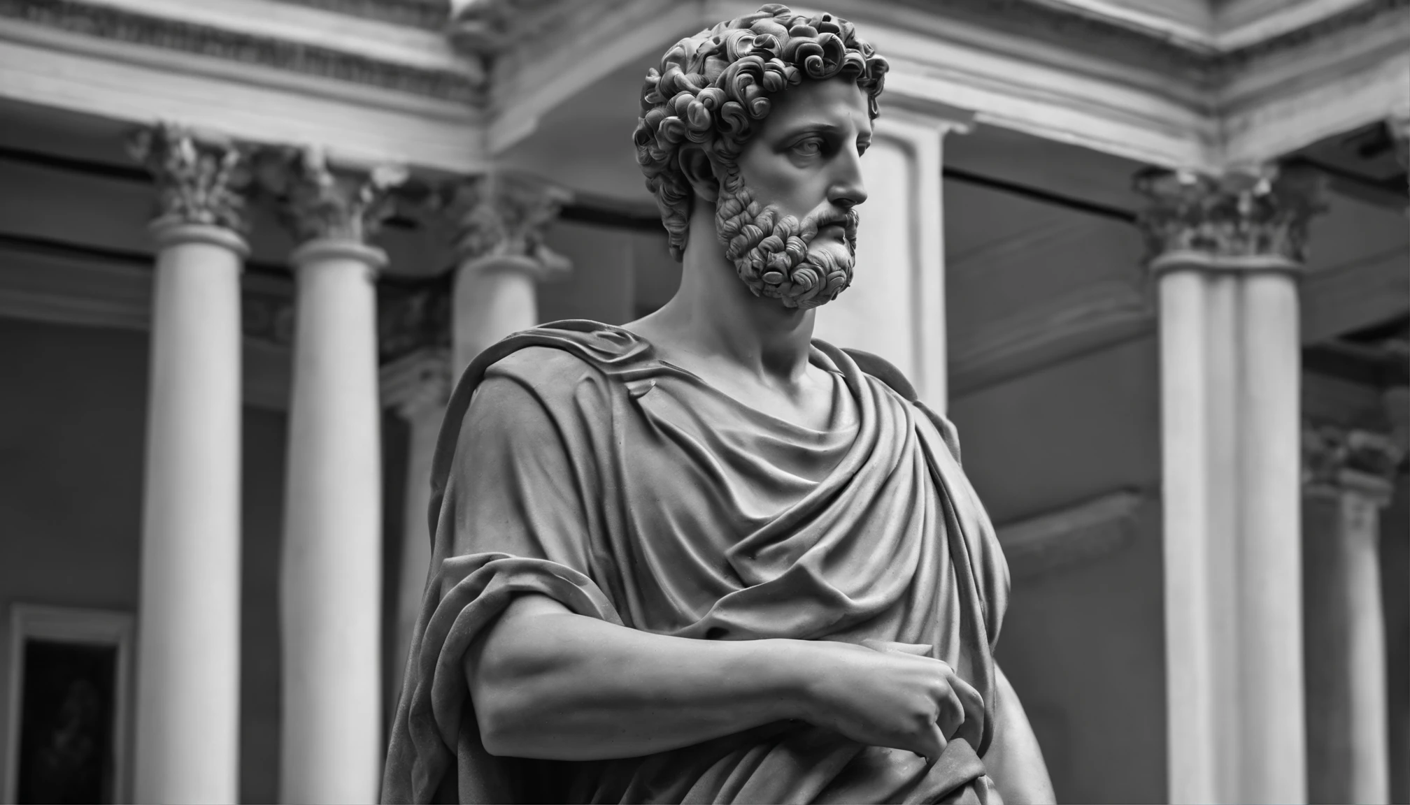 Gray statue, de filosofos antigos, Stoic Marcus Aurelius in black and white 4K vertically, Face de lado, super realista, eles estao dentro de uns castelos, lendo livros antigos