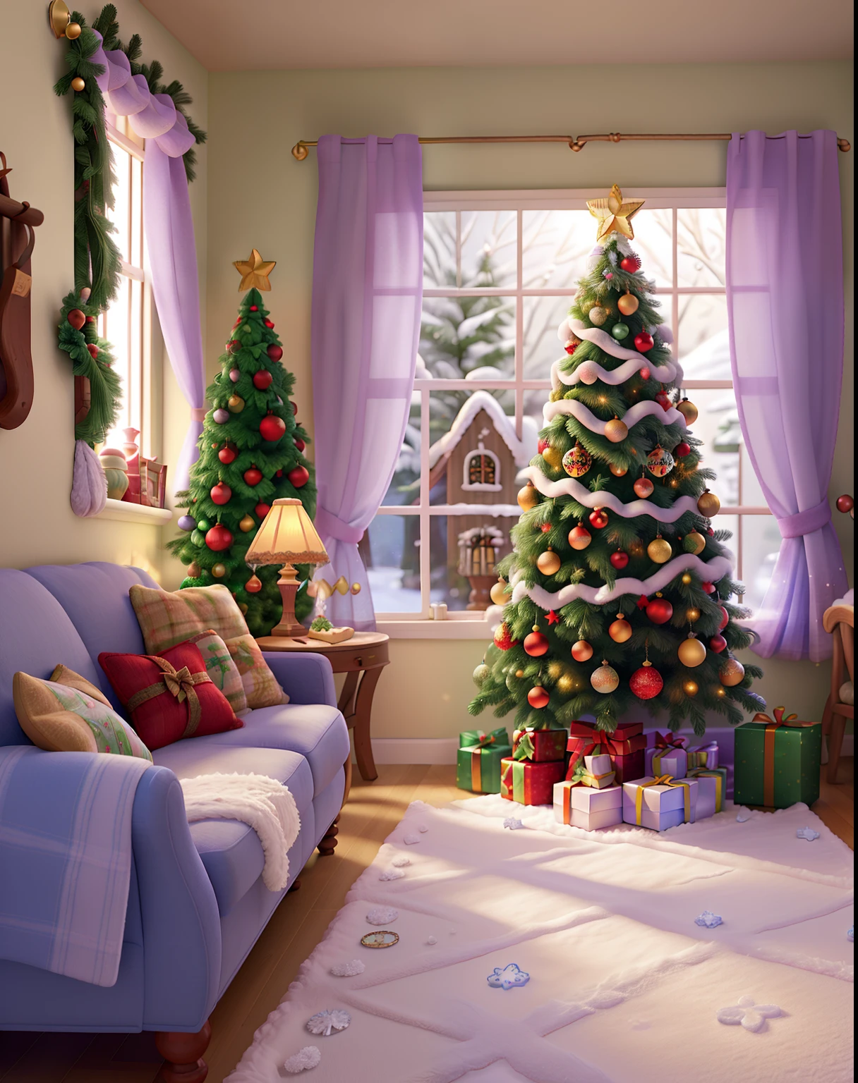 In a whimsical Disney Pixar Christmas scene, a quaint indoor house is lavishly adorned with shimmering "christmas" decorations. Outside, a gentle flurry of "snow" blankets the surroundings as a "cute girl" in cozy "woolen" underwear peers through the frosted "window," adding to the enchanting festive ambiance.