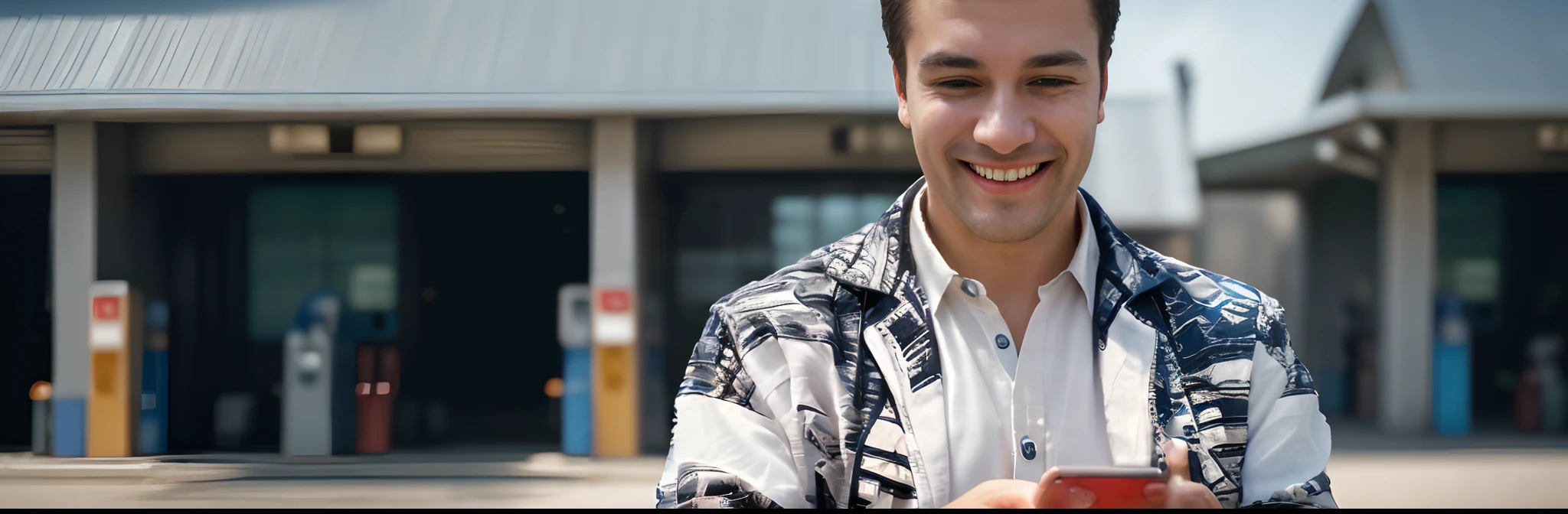ecstatic man, smiling broadly, holding smartphone outwards, (((shows the smartphone screen at arm's length))), screen glowing, digital interaction emphasis, light white-blue tones, man positioned on the right, casually dressed, conveying importance of mobile content, expressions revealing happiness derived from the device, blurred background, (highly detailed fuel station), modern design elements, brightly lit station areas, prominent brand logos, a massive and intricately detailed truck parked, mechanical ambience further emphasized, clear weather, distinct contrast between human excitement and the mechanical environment