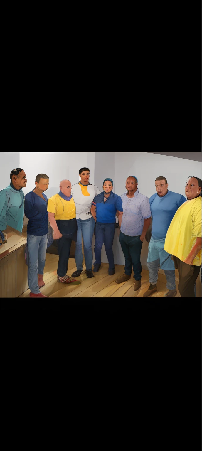 Several men and a woman standing in a room with a wall, Foto realista, Directed by: Nandor Soldier, Directed by: David Ruby, Ronaldo Luis Nazario da Lima, Paulo Pepera Pablo Roldan, Directed by: Matteo Pérez, Ronaldo Luis Nazario de Lima, Rosemary Ressendi, Directed by: Alejandro Obregon, Eloy Morales