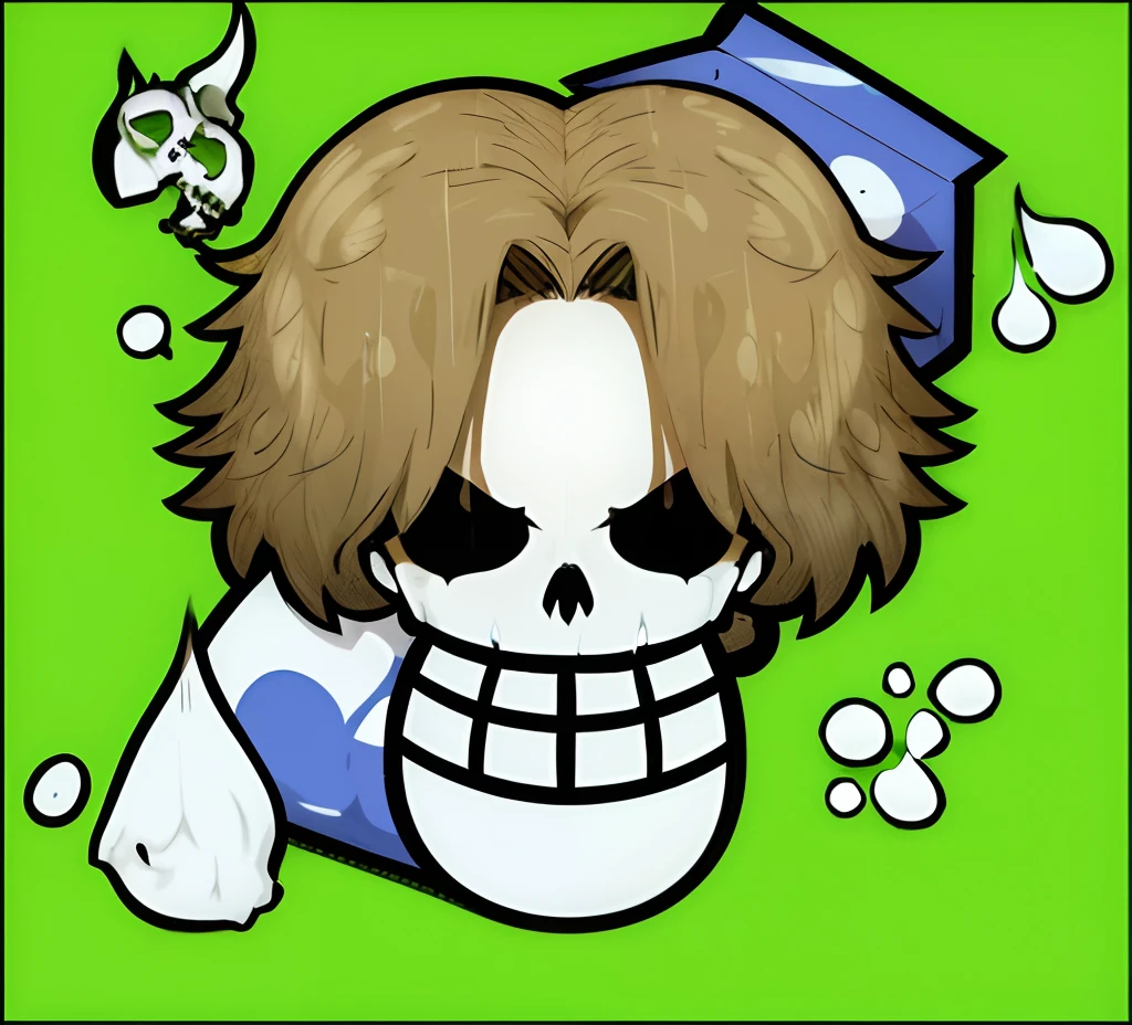 cartoon drawing of a girl with a hairdo and a box of pills, sanji, ((skull)), [[[[grinning evily]]]], greasy hair, [ digital art ]!!, poison dripping, one piece style, raining!!, died hair, clean cel shaded, from one piece, one piece artstyle, his head is a skull, Milk drops flying