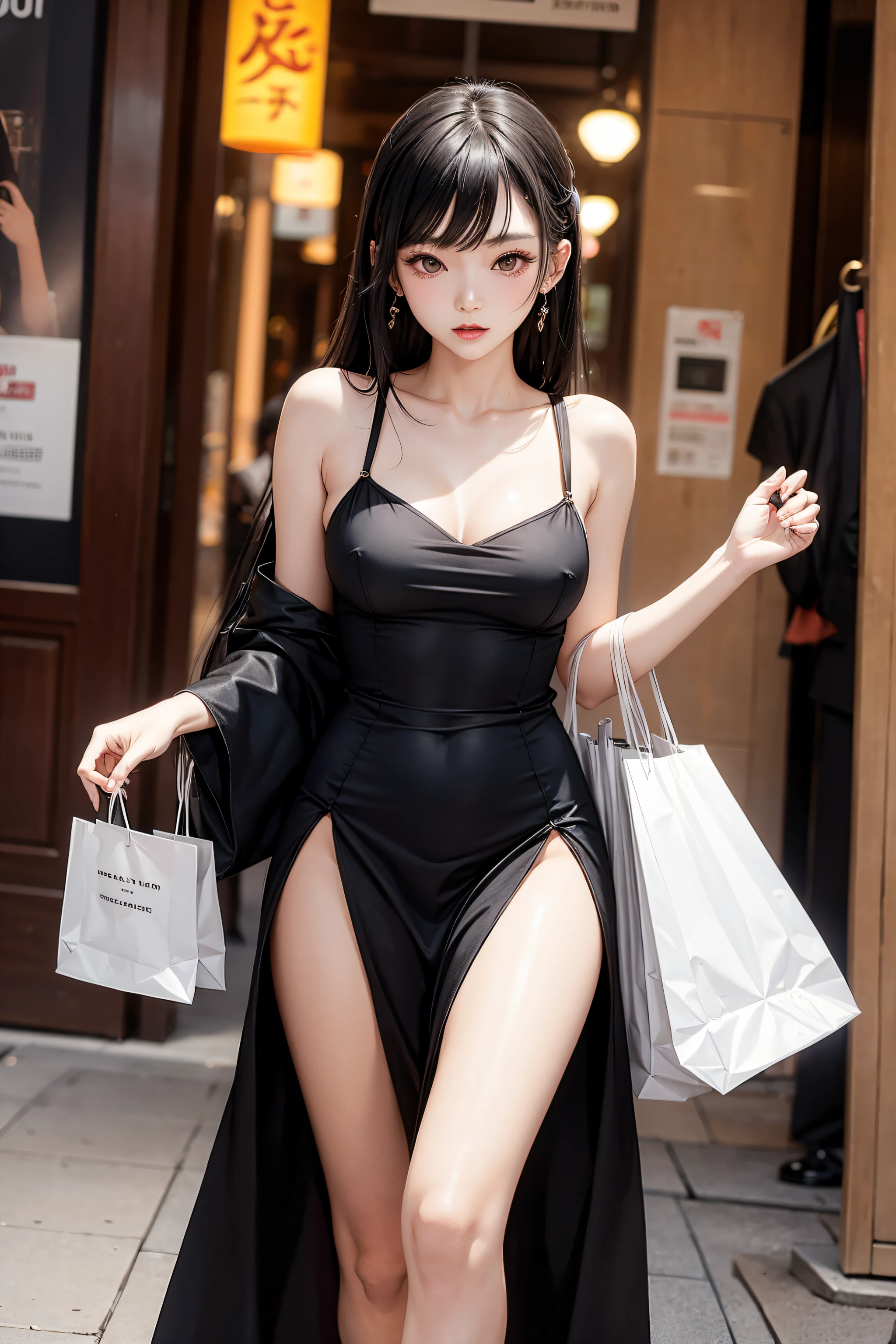 sexy asian girl, half naked, Little black dress with boobs expose, Shopping mall