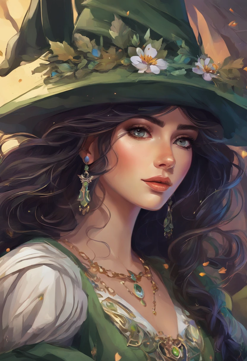 ((ultra-detalhado)), (Highly detailed CG illustration), ((An extremely delicate and beautiful witch with a hat)), Cinematic light, Create stunning fantasy art that mimics the style of the genre's currently rising masters. The artwork should contain elements of mythical fantasy with colorful details. ((Use various shades of olive green and pastel watercolor as the main color scheme.)) The witch in the work has black hair with an aura of mystery and magic, olhos hipnotizantes com cores vibrantes e sombreamento arrojado. A pele da bruxa deve ser projetada com cores claras deslumbrantes, e detalhes sutis iridescentes. Incorpore cores de sonho, dynamic lighting, and detailed background elements to create a sense of wonder and immersion. Include magical aura. Considerar, (((master part))), (((melhor qualidade)))