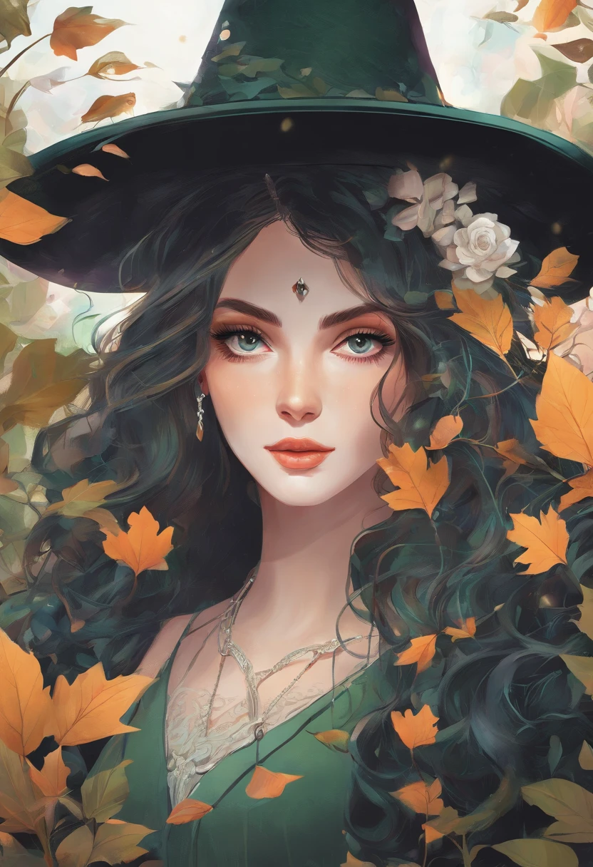 ((ultra-detalhado)), (Highly detailed CG illustration), ((An extremely delicate and beautiful witch with a hat)), Cinematic light, Create stunning fantasy art that mimics the style of the genre's currently rising masters. The artwork should contain elements of mythical fantasy with colorful details. ((Use various shades of olive green and pastel watercolor as the main color scheme.)) The witch in the work has black hair with an aura of mystery and magic, olhos hipnotizantes com cores vibrantes e sombreamento arrojado. A pele da bruxa deve ser projetada com cores claras deslumbrantes, e detalhes sutis iridescentes. Incorpore cores de sonho, dynamic lighting, and detailed background elements to create a sense of wonder and immersion. Include magical aura. Considerar, (((master part))), (((melhor qualidade)))
