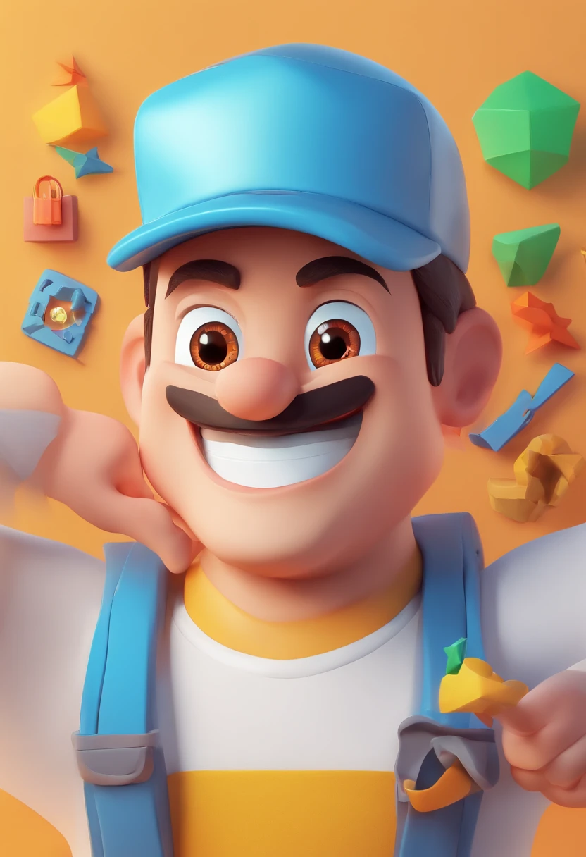 Smiling Man Illustration, sorriso insano, Homem de pele marrom com um sorriso gigante, happily smiling at the camera, sorriso atrevido, he's smiling, sorriso muito grande, Macho sorridente, foto de perfil headshot, rindo sorriso enorme, desenhando no estilo de Arte 3D, c4d, fundo de cor branco puro, estilo disney, estilo pixar render ilustracao Super Detalhe, 8k