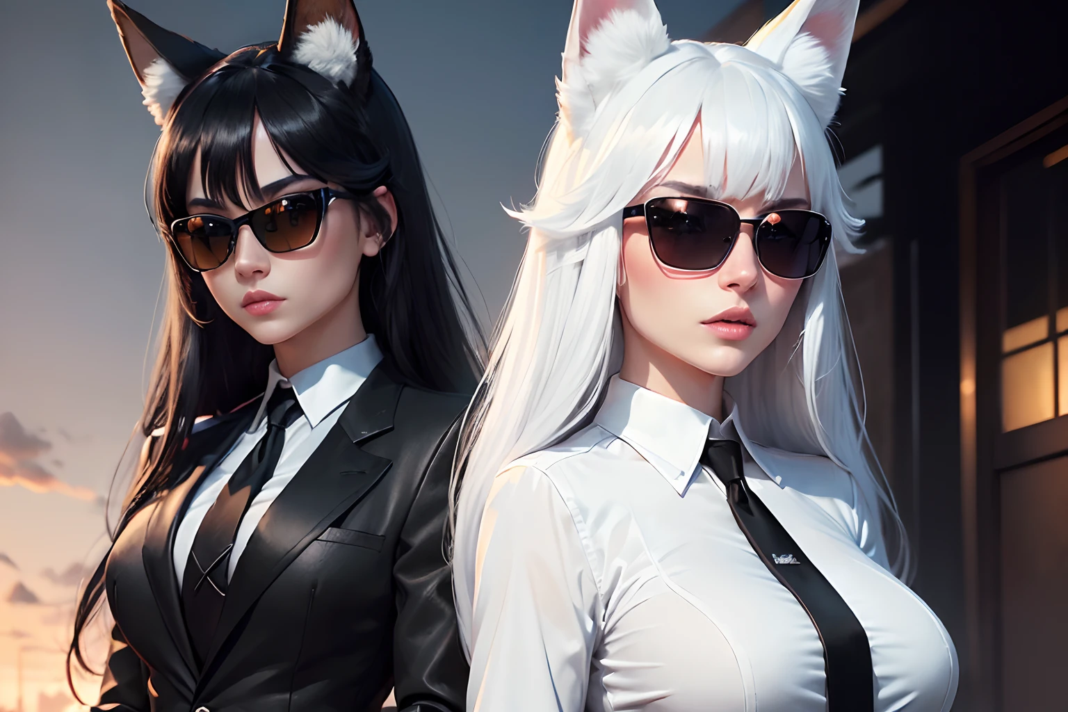 (best quality,4k,8k,highres,masterpiece:1.2),ultra-detailed,detailed face,realistic,
BREAK Two women walking down a street in a futuristic landscape,(the first woman is Lotan beautiful caucasian woman with straight long black hair,blue eyes,fair skin,voluptuous,dragon horns on the head,detailed lips and eyes,expressive face,attractive appearance),
(the second woman is BLARKY beautiful caucasian woman with very long straight white hair,(yellow eyes),fair skin,animal ear fluff,animal ears,extra ears,fox ears,fox girl,fox tail,long hair,bangs,hair between eyes,large breasts,detailed lips and eyes,expressive face,attractive appearance),
BREAK (formal suit (long sleeves black jacket), (white collared shirt), (black necktie), (black pants:1.3), (shirt tucked in):1.5), ((Sunglasses:1.3)), --ar 3:2