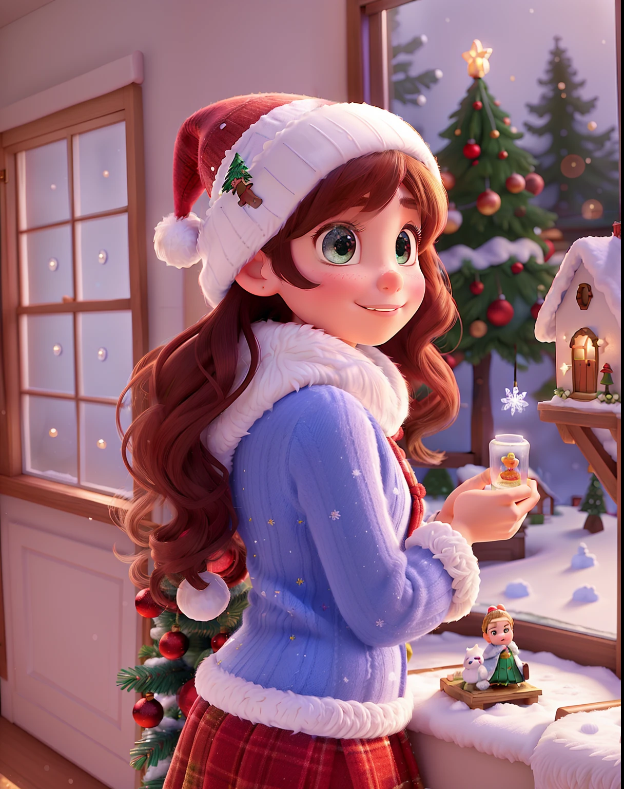In a picturesque Disney Pixar Christmas illustration, 1young woman, a charming indoor house is adorned with sparkling "christmas" decorations. Outside, delicate "snow" blankets the scenery, while a "cute young woman" in snug "woolen" underwear gazes through the frosted "window," capturing the enchanting holiday spirit.