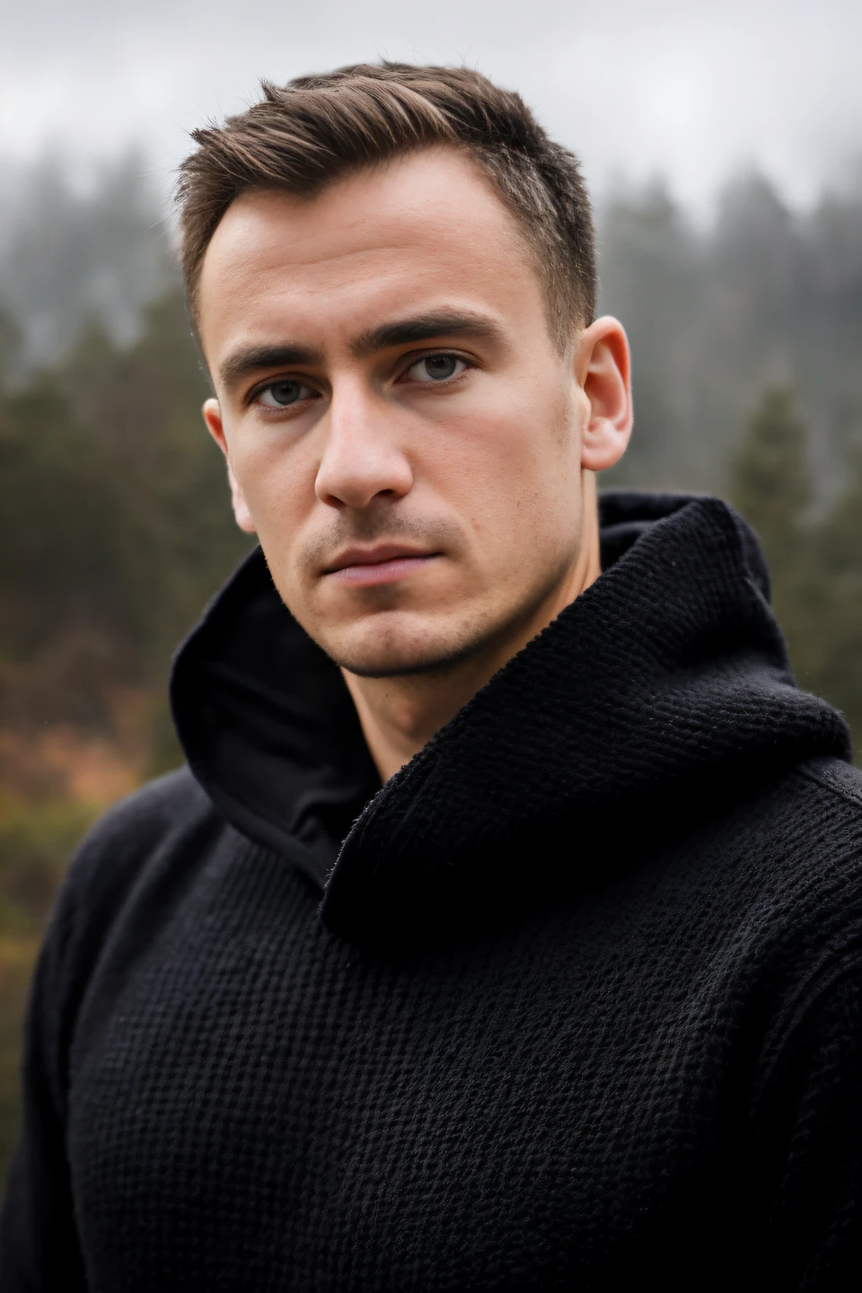 professional photo, closeup portrait photo of caucasian man (Snachous:1), wearing black sweater, serious face, dramatic lighting, nature, gloomy, cloudy weather, bokeh