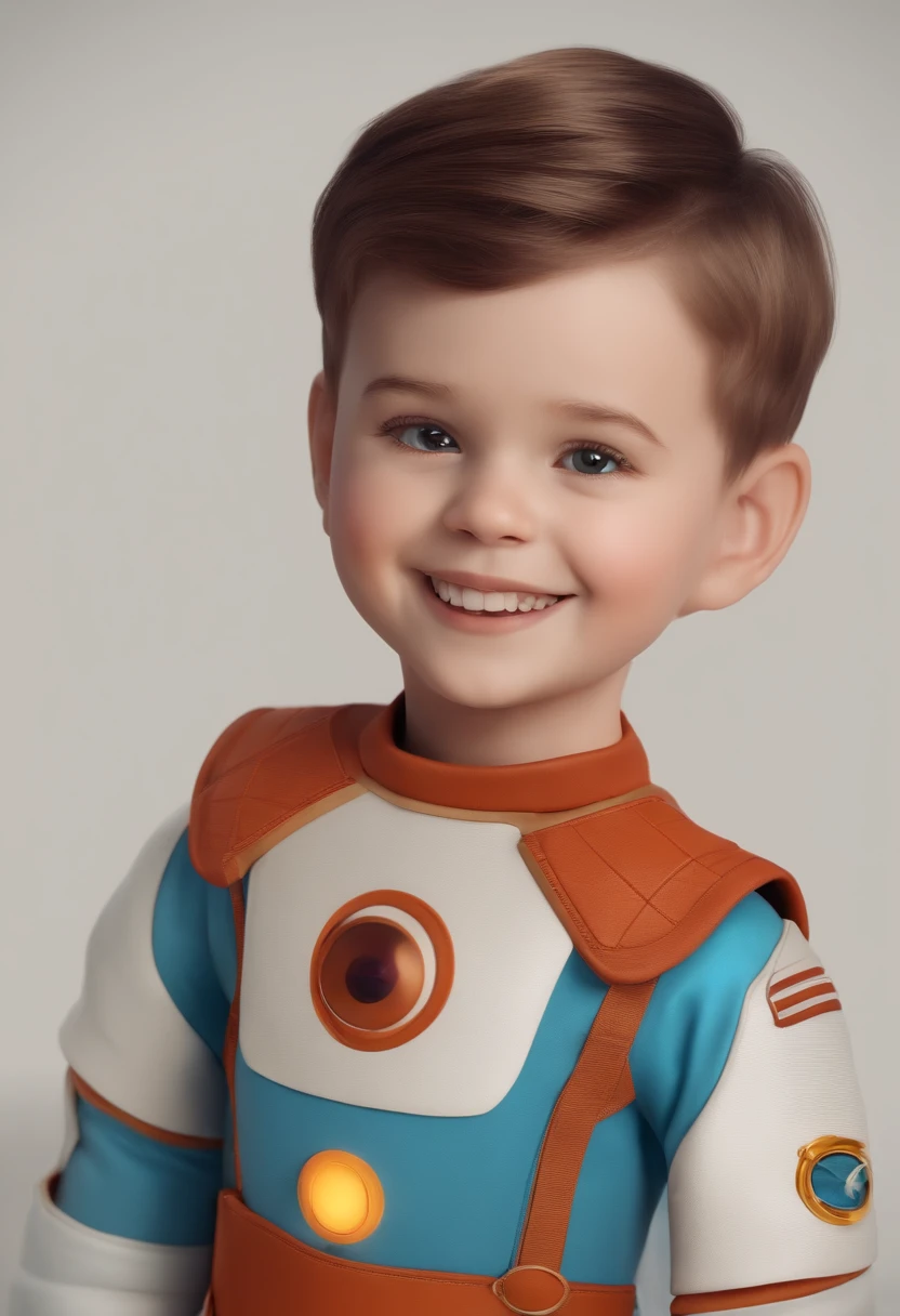 a happy cute standing short hair, vestindo uma fantasia espacial, , fundo branco, barnet, Tom, Estilo Pixar, ....3d, desenhos animados, rosto detalhado, asymmetrical 16k