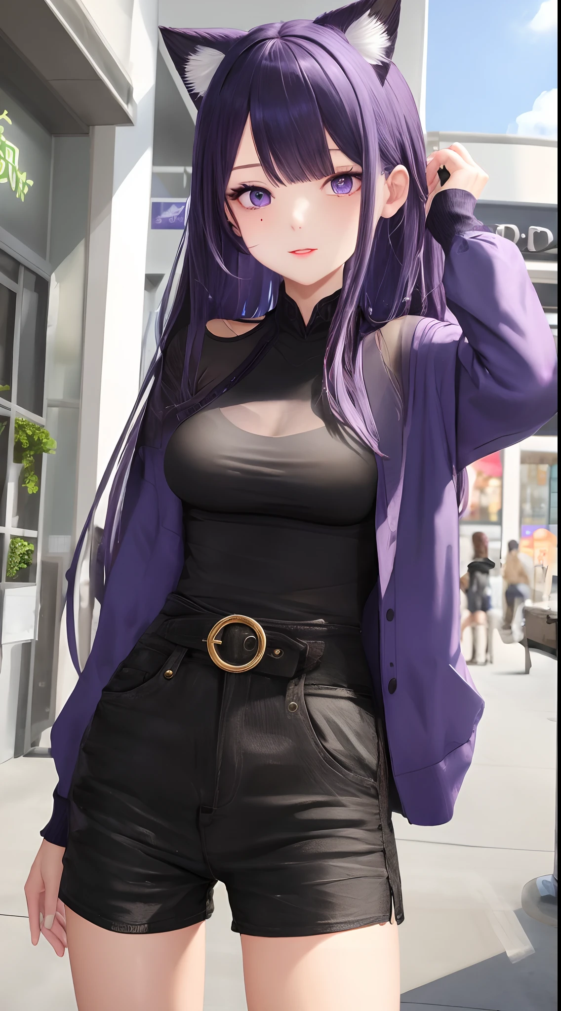 ((Masterpiece)), best quality, absurderes, ultra detailed, Holographic, Golden ratio, one person, super cute girl, mature girl, Idol Girl, Super beautiful Asian girl with one very beautiful shiny blue left eye with cyan cat-like pupils and one very beautiful shiny black right eye with a purple cat-like pupil, Beautiful shiny black hair faded to purple on the length of it, long hair, beautiful body, slim body, perfect body, Wearing a super tight short black shirt, A tight purple anime jacket with black printed long sleeve, black tennis Jordan, short black jeans with a black jacket around her waist, one girl being photographed in front of a mall store, black cat tail and ears, black cheek bandage