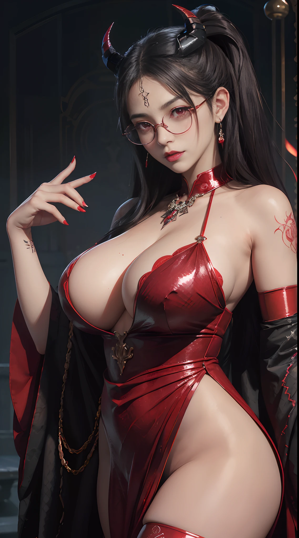 Fine、(The best illustrations)、8k UHD resolution、intricate-detail、top-quality、realisitic、ultra-detailliert、The best lighting、Best Shadows、Soft lighting、Ulutra HD、Ultra-realistic、Tindall Effect、Photorealsitic、(High Detail Skins:1.2)、 (Intricate details, makeup, pureerosface_v1:0.5), (Detailed beautiful delicate face, Detailed beautiful delicate eyes, A perfectly proportioned face, High detailed skin, Detailed skin, best ratio four finger and one thumb, arms below breasts, Tattoo with a red glow under the stomach、Awesome awesome, wide hips, smooth midriff, skiny and thin, __Fashion__, __hair__:1.25)、Digital SLR、 absurderes、1 beautiful devil woman from hell, surreal female portraits by David Hockney and Alphonse Mucha, Portrait of a seductive woman、Fantasy Art, Chinese Doll、Chinese actress、Dungeon、The dragon、Devil's Palace、Devil's Torture Chamber、natta、Dark style 、In the Dark、(Detailed spooky backgrounds:0.8), magia、 1人、Evil Nun、Dark Necromancer、Succubus、Devil's Daughter、Umi Shinonome、Bat Wings,(((Demon Horns)))、 ((((Huge glasses, Otaku Glasses, thick glasses, Round glasses)))),(((Colossal tits)))、(Devil's Tail)、(red eyes glowing:1.6)、red eyes make up very sharp and detailed, The eyes are very well made up, ((Red Eye:1.0)),intricate tattoos, demonic intricate tattoos, thigh tattoos, body tattoos, masterpiece、The most beautiful face、a baby face、Charming smile、plump beautiful red lips、Muscular seductive body、The enchanting body of the devil、devil style、Seductive Black Magic Costume、(((A shiny red snake is wrapped around her body)))、The long-haired、Braids、Black hair、Ponytail distortion、, Ponytail with a bow tied at the back of the hair, Beautiful expression、Body Up、Large breasts emphasis、Bust, Super tight breasts, Breast augmentation surgery, The breasts are very big and round and round,Toned waist、Wide buttocks、 lowkey, cowboy lens, (Black Phoenix Dress: 1.0), devil crown, Red sparkling gemstone necklace、Jewelry Gwise, wearing black mesh socks,Wear light red、nffsw