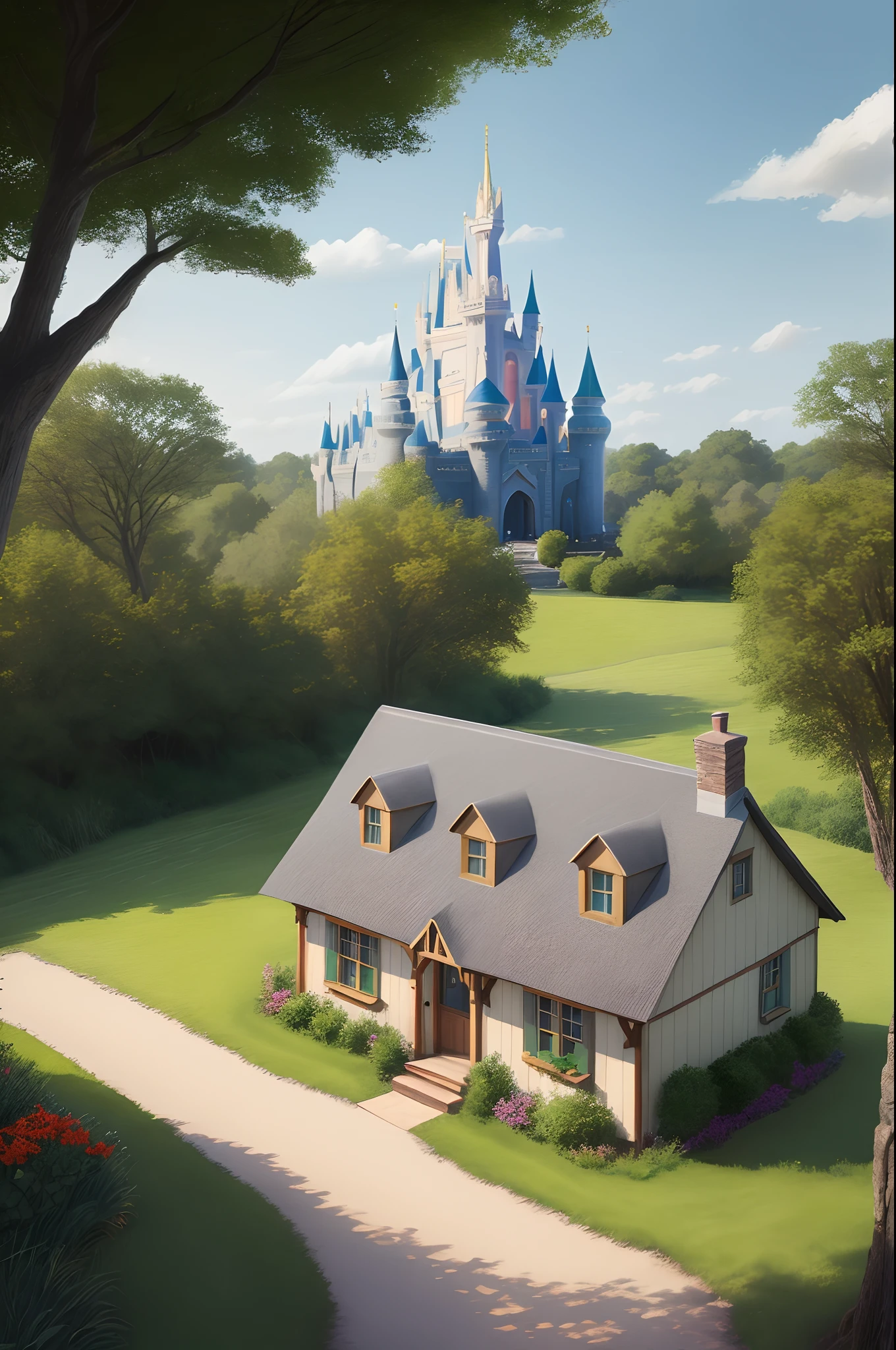 a little blonde girl grey eyes green dress cottage core landscape Disney style