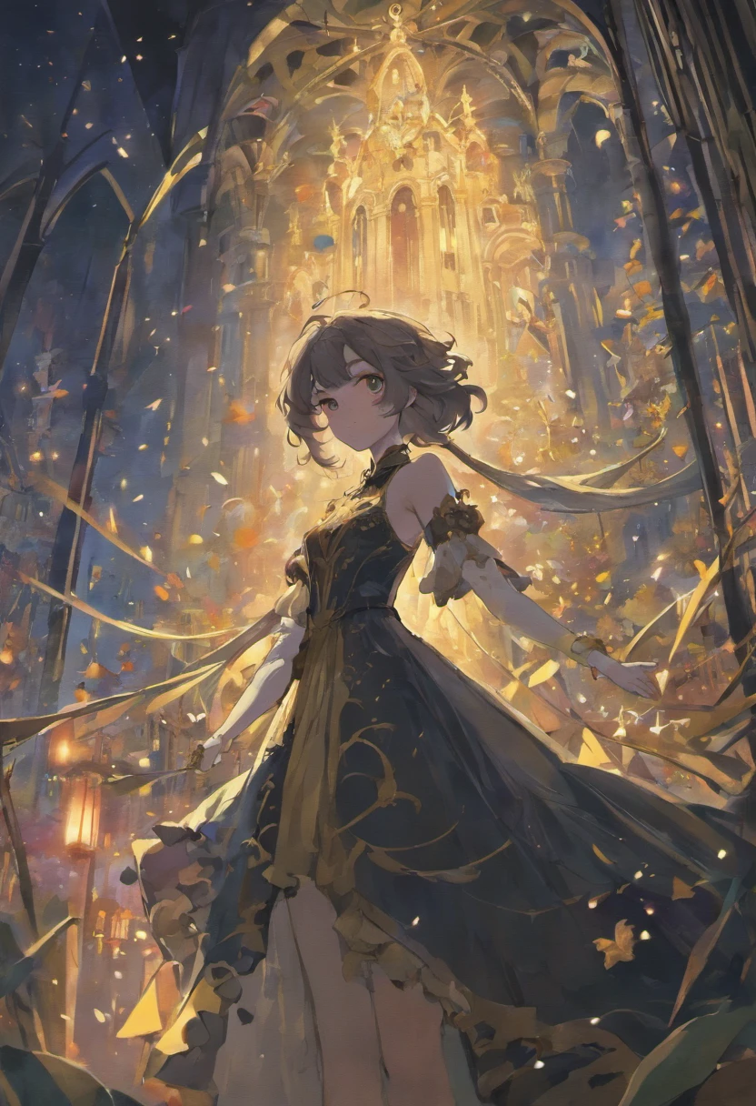 Belle Femme en robe de soie noire et avec de la fumée noir à la place du haut du visage. Debout sur un îlot rocheux flottant dans l'espace devant un arbre avec des yeux à la place des feuilles.