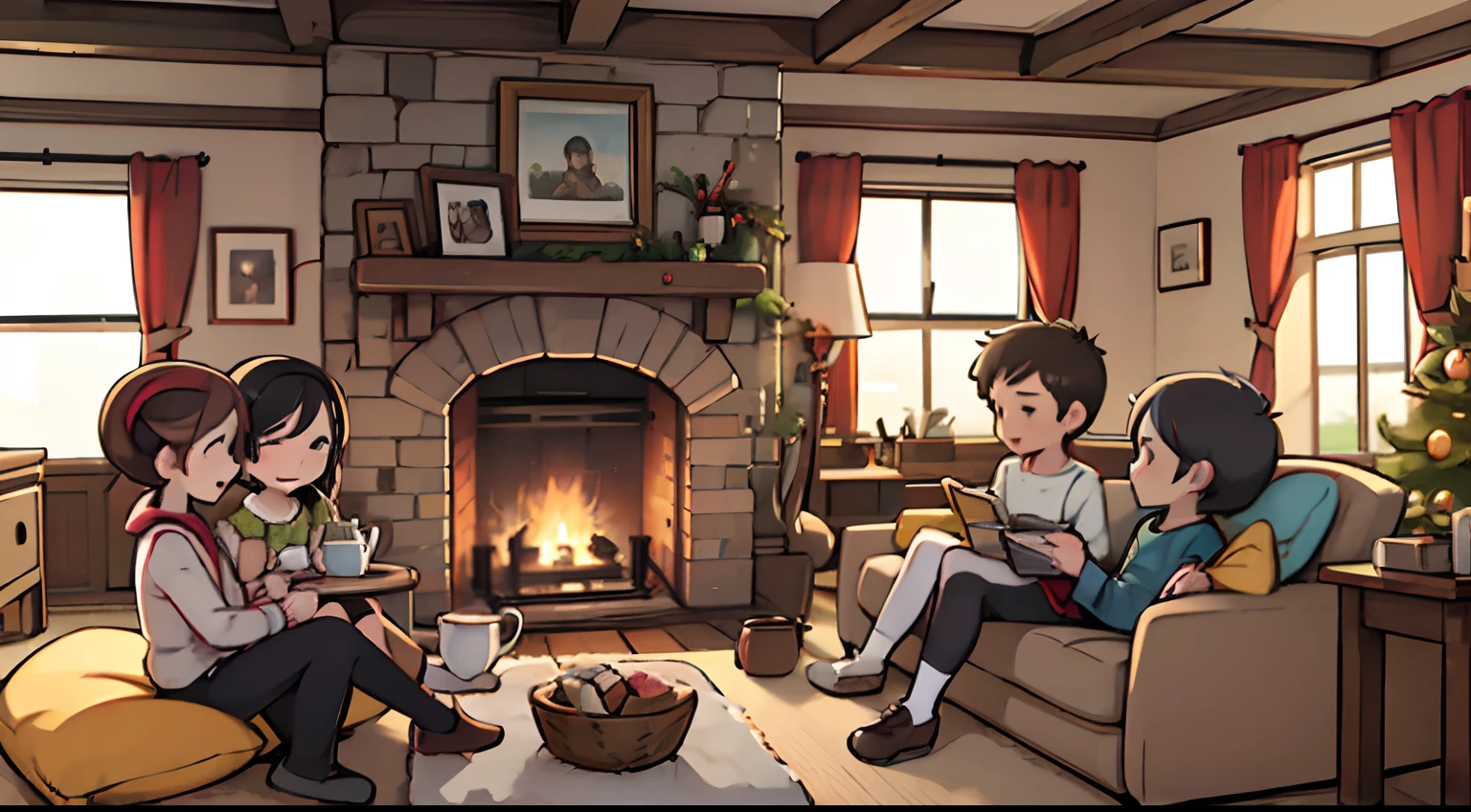 A group of cheerful friends(6 teenagers of different genders) in a cosy English living room with a fireplace, Festive Tea Party, A lot of small details of the environment, higly detailed,