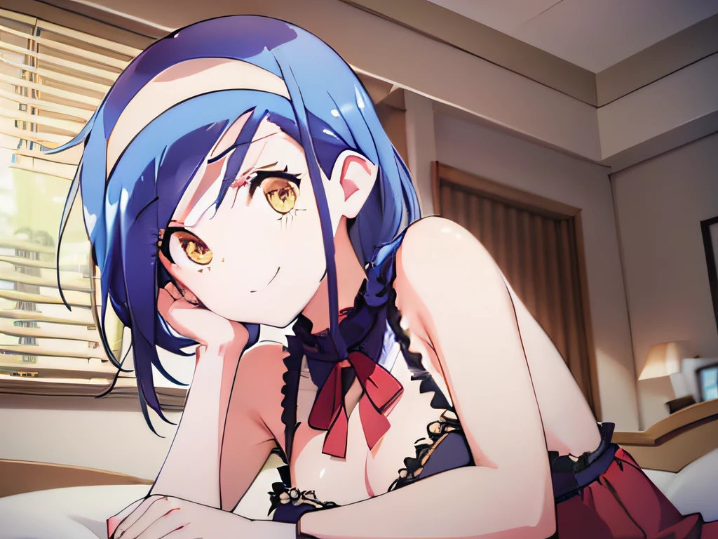 ((masutepiece)), ((Best Quality)), (Ultra-detailed), Anime style, from below looking up, on the bed, s, 1girl in, Solo, underwear00, ((Beautiful eyes)), large full breasts, Smile