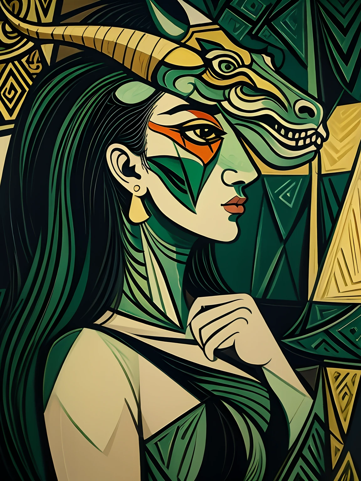 asian dragon, Woman, cubism paint, green, picasso, forest, rain, fish skin on face, horn, ancient