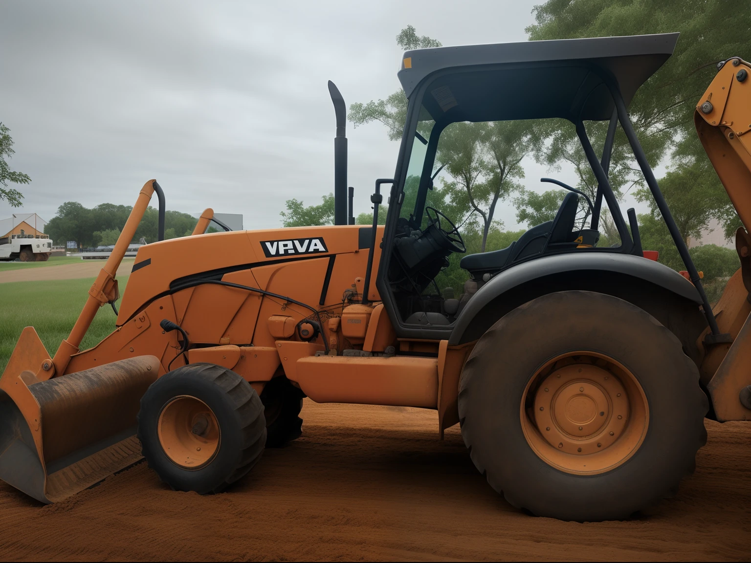 There's a backhoe of a tractor that's parked on the ground, vista lateral frontal, bottom angle, dispositivo completo, Foto de perfil, Frente cheia, Manual, vista frontal, Jcb, Close view, Frente, Directed by: Robert Jacobsen, heavy machinery, Close angle, tiro frontal, Construction Equipment 1 9 9 0, profile close-up view