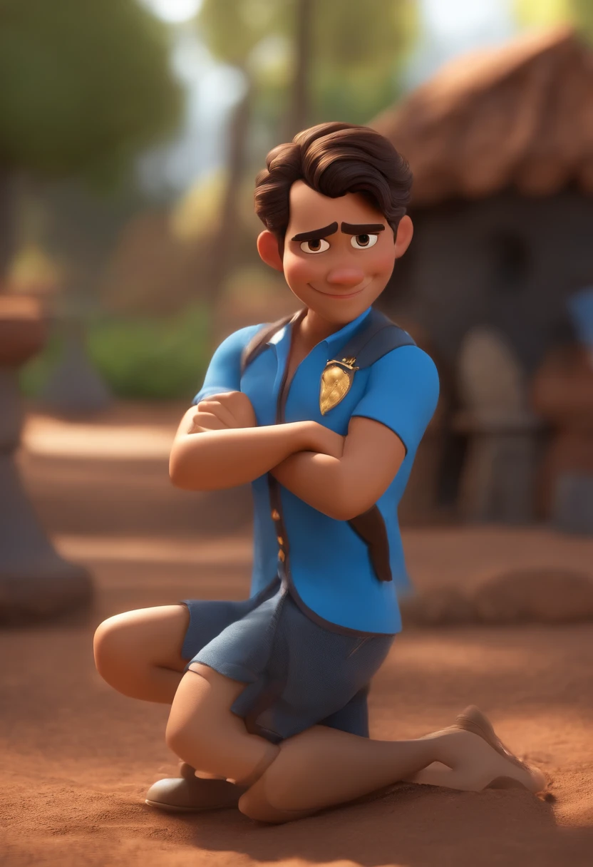 Garoto, estilo disney, tom de pele: claro: Cabelo: marrom escuro, liso, curto, penteado para o lado direito. camisa: social, Cor azul. Fundo: Gray and white gradient,Comemorando, Hands raised, sorrindo, feliz, (estilo pixar) (obra-prima:1.2) (bokeh) (melhor qualidade) (pele detalhada) (textura detalhada) (8k) (claymation) (cinematic lighthing) (foco nítido