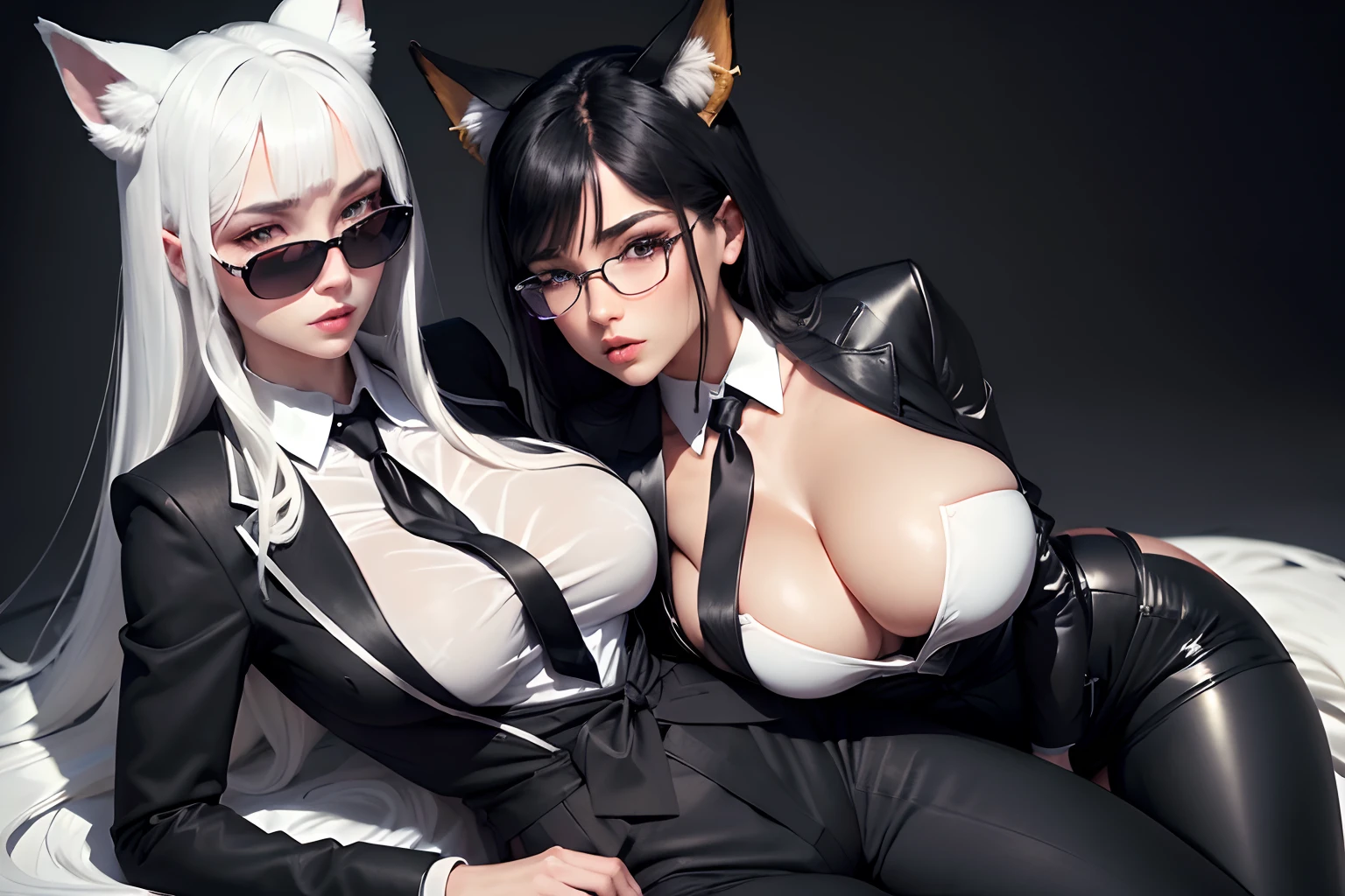 (best quality,4k,8k,highres,masterpiece:1.2),ultra-detailed,detailed face,realistic,
BREAK The portrait of two women lying on their sides, their bodies forming the symbol of ying and yang,(the first woman is Lotan beautiful caucasian woman with straight long black hair,blue eyes,fair skin,voluptuous,dragon horns on the head,detailed lips and eyes,expressive face,attractive appearance),
(the second woman is BLARKY beautiful caucasian woman with very long straight white hair,(yellow eyes),fair skin,animal ear fluff,animal ears,extra ears,fox ears,fox girl,fox tail,long hair,bangs,hair between eyes,large breasts,detailed lips and eyes,expressive face,attractive appearance),
BREAK (formal suit (long sleeves black jacket), (white collared shirt), (black necktie), (black pants:1.3), (shirt tucked in):1.5), ((Sunglasses:1.3)),BREAK --ar 3:2